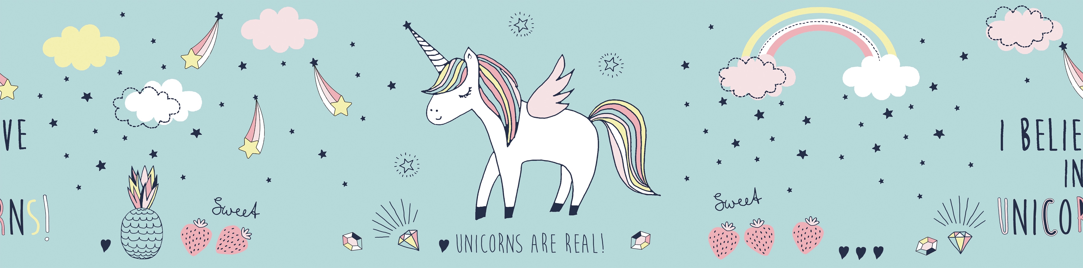 Bordüre A.S. CRÉATION "Sweet Unicorn", blau (türkisgrün weiß rosa), B:0,16m L:5m, Papier, Tapeten, Tapete Kinder Bordüre Selbstklebend Einhorn Türkis Borte Design Optik