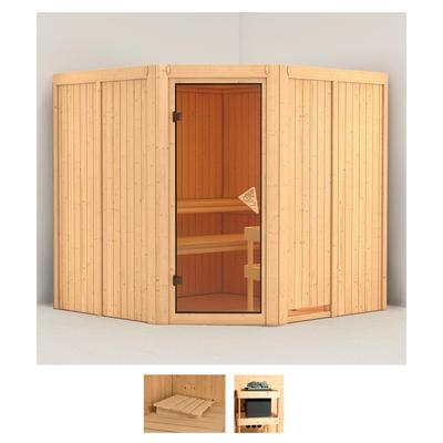 Sauna KARIBU "Jarin", beige (naturbelassen), ohne Ofen, (ohne Ofen), Saunen, ohne Ofen