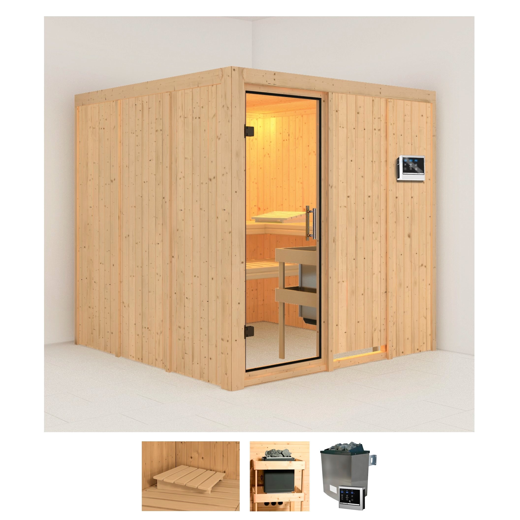 Sauna KARIBU "Rodin", beige (naturbelassen), Saunaofen, externe Steuerung, 9, Saunen, 9-kW-Ofen mit externer Steuerung Image