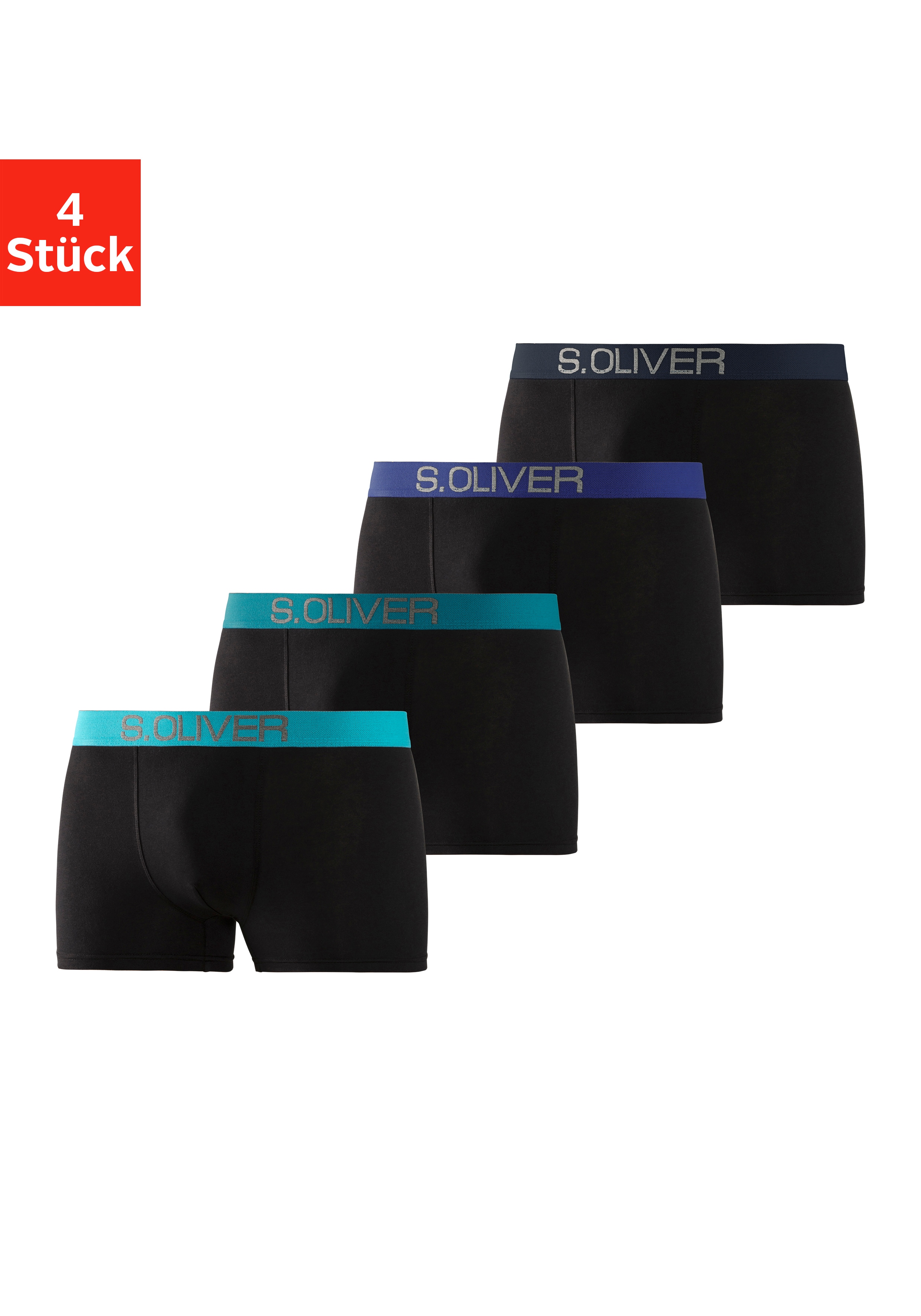 Boxer S.OLIVER "Boxershorts für Herren", Herren, Gr. S, 4 Stk., bunt (schwarz, türkis, schwarz, hellblau, schwarz, marine, schwarz, royalblau), Jersey, Obermaterial: 92% Baumwolle, 8% Elasthan (LYCRA), unifarben, körpernah, Unterhosen, mit...