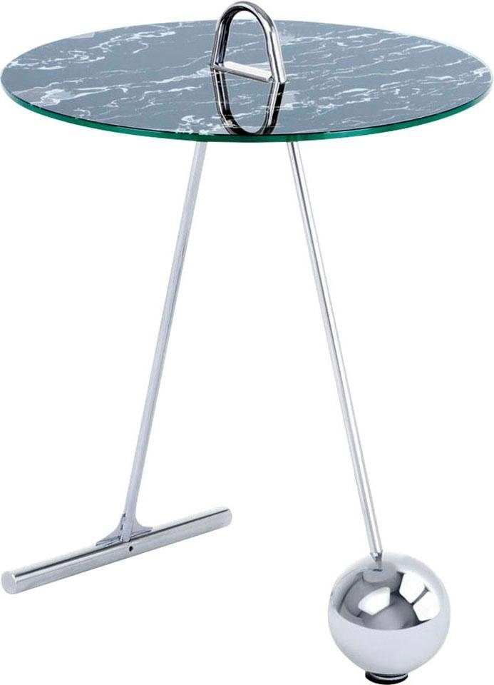 Beistelltisch KAYOOM "Pendulum 525, mit runder Tischplatte", schwarz (silber, schwarz), B:46cm H:60cm T:46cm, Stahl, Glas, Tische, Beistelltisch, Marmoroptik, Gestell im Pendel-Design, praktisch tragbar