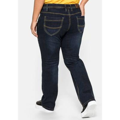 Stretch-Jeans SHEEGO "Große Größen", Damen, Gr. 27, Kurzgrößen, blau (dunkelblau denim), Obermaterial: 98% Baumwolle, 2% Elasthan, unifarben, casual, lang, Jeans 5-Pocket-Jeans, mit gerader Beinform, individuelle Used-Effekte Image