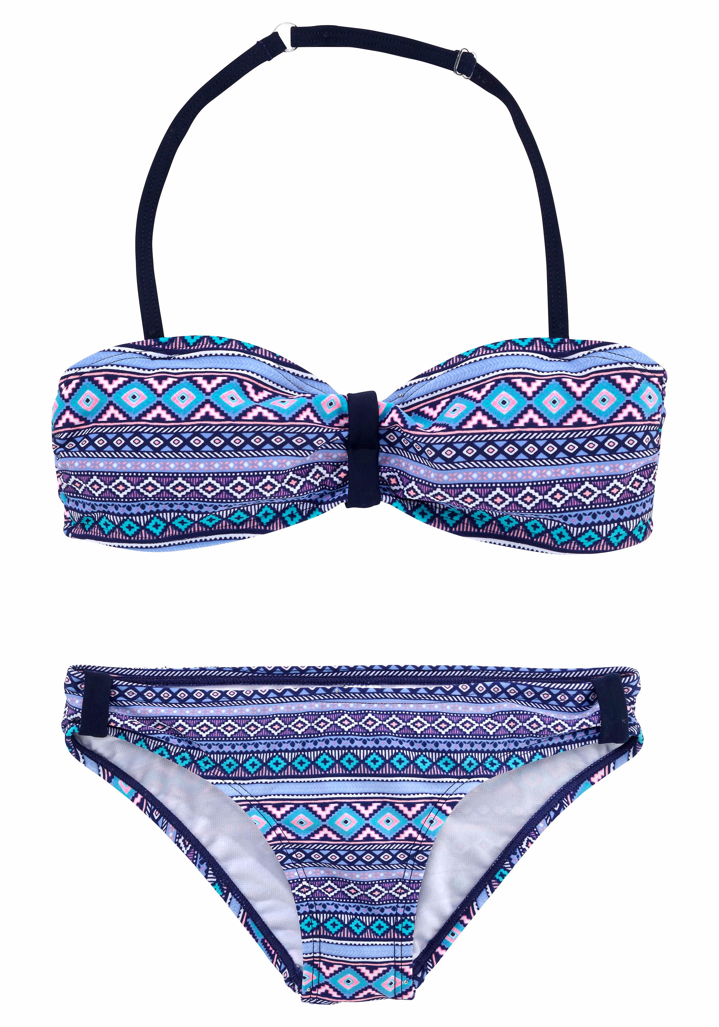 Bandeau-Bikini S.OLIVER, Kinder, Gr. 146/152, N-Gr, blau (blau, bedruckt), Polyamid, gemustert, Bikini-Sets, mit grafischem Druck Image