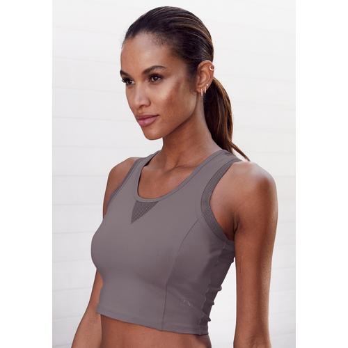 Funktionsshirt LASCANA ACTIVE Gr. L (44/46), grau (stone) Damen Shirts Sportbekleidung Sporttop Tops mit Racerback und Mesh-Einsätzen