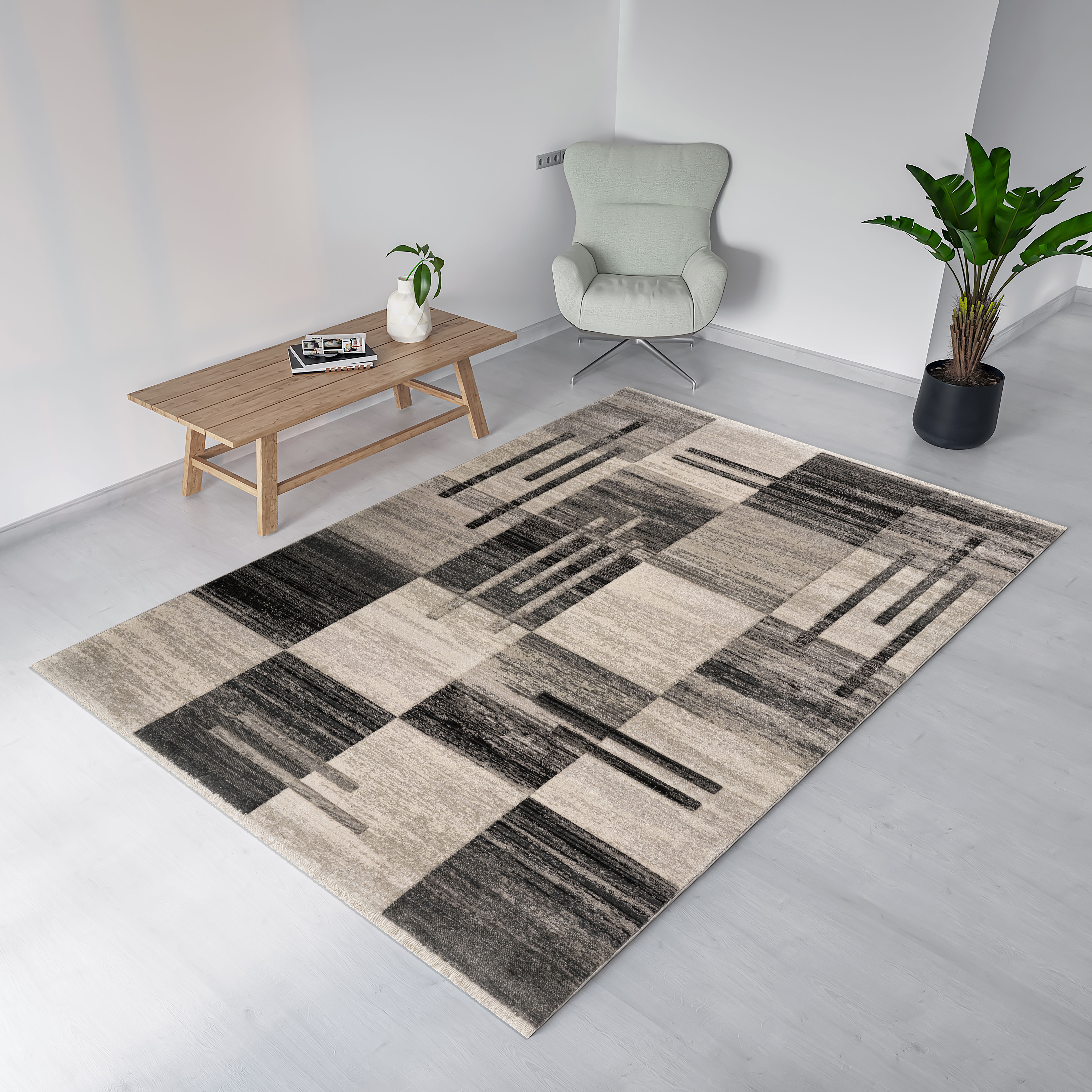 Teppich MY HOME "Beliz" Gr. 1, grau, B:60cm H:9mm L:90cm, Kunstfaser, Teppiche, mit Konturenschnitt, Kurzflor, 3D-Design, mit Fransen, Wohnzimmer Image