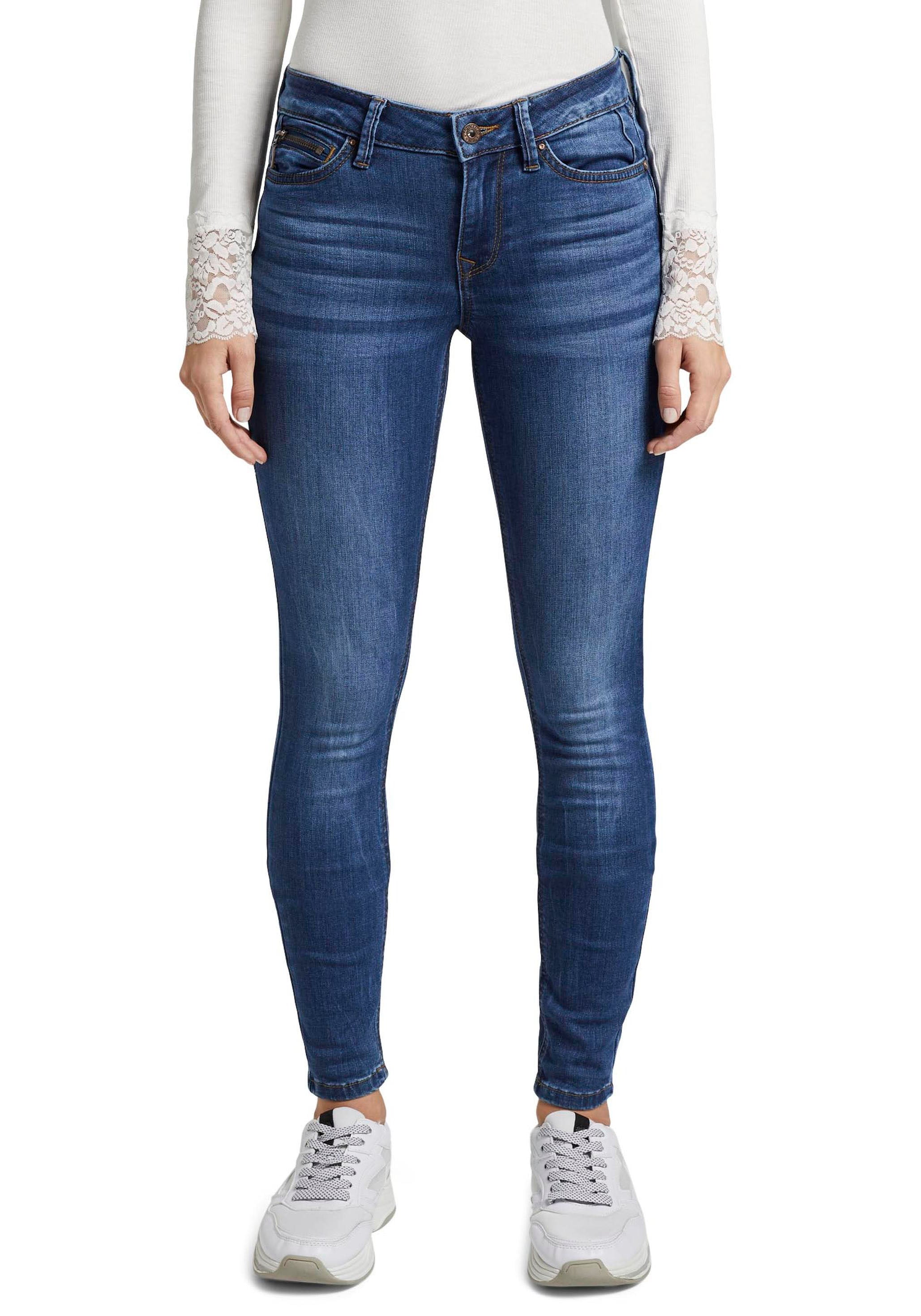 Skinny-fit-Jeans TOM TAILOR DENIM "JONA", Damen, Gr. 28, Länge 30, blau (clean mid stone blau denim), Denim/Jeans, Obermaterial: 72% Baumwolle, 27% Polyester, 1% Elasthan, skinny fit lang, Jeans