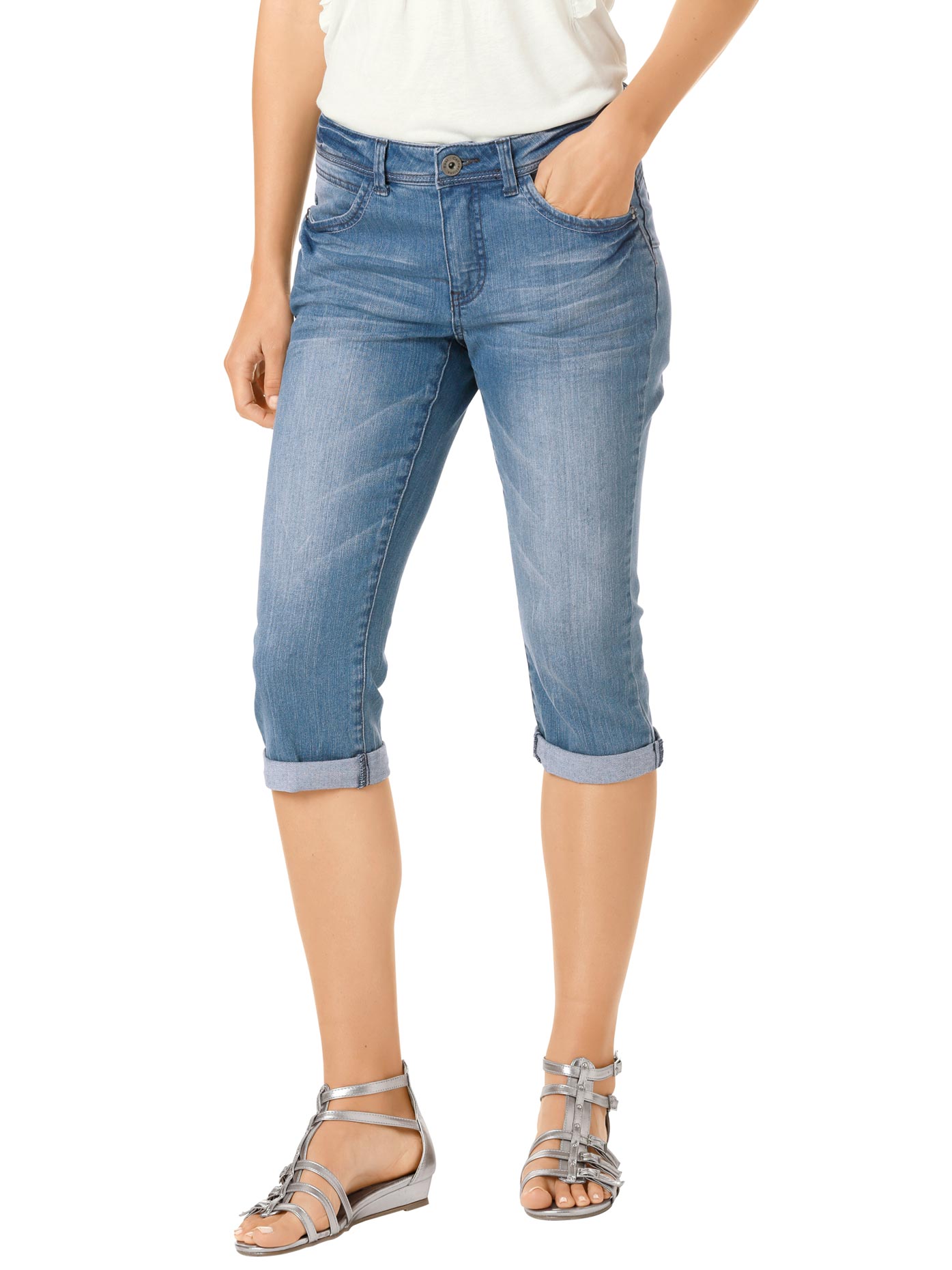 3/4-Hose HEINE, Damen, Gr. 44, Normalgrößen, blau (blau stone), 98% Baumwolle, 2% Elasthan, Miedereinsatz:15% Elasthan, 85% Polyamid, unifarben, knielang, Hosen