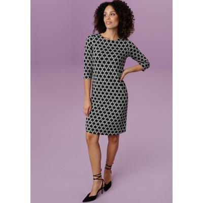 Jerseykleid ANISTON SELECTED, Damen, Gr. 44, N-Gr, schwarz-weiß (schwarz, sanftes weiß), Jersey, Sweatware, Obermaterial: 65% Polyester, 32% Viskose, 3% Elasthan, Jacquardmuster, elegant, figurumspielend kniefrei, Rundhals, 3/4-Ärmel, Kleider, mit... Image