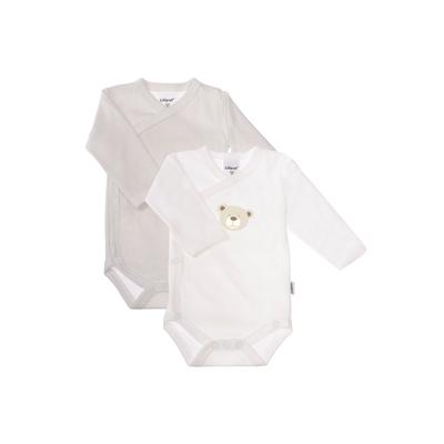Wickelbody LILIPUT "Bär Wickelbody - Set", Baby, Gr. 50/56, EURO-Größen, grau (weiß, grau), 100% Baumwolle, bedruckt, casual, kurz, Langarm, Bodies, mit praktischer Druckknopfleiste Image