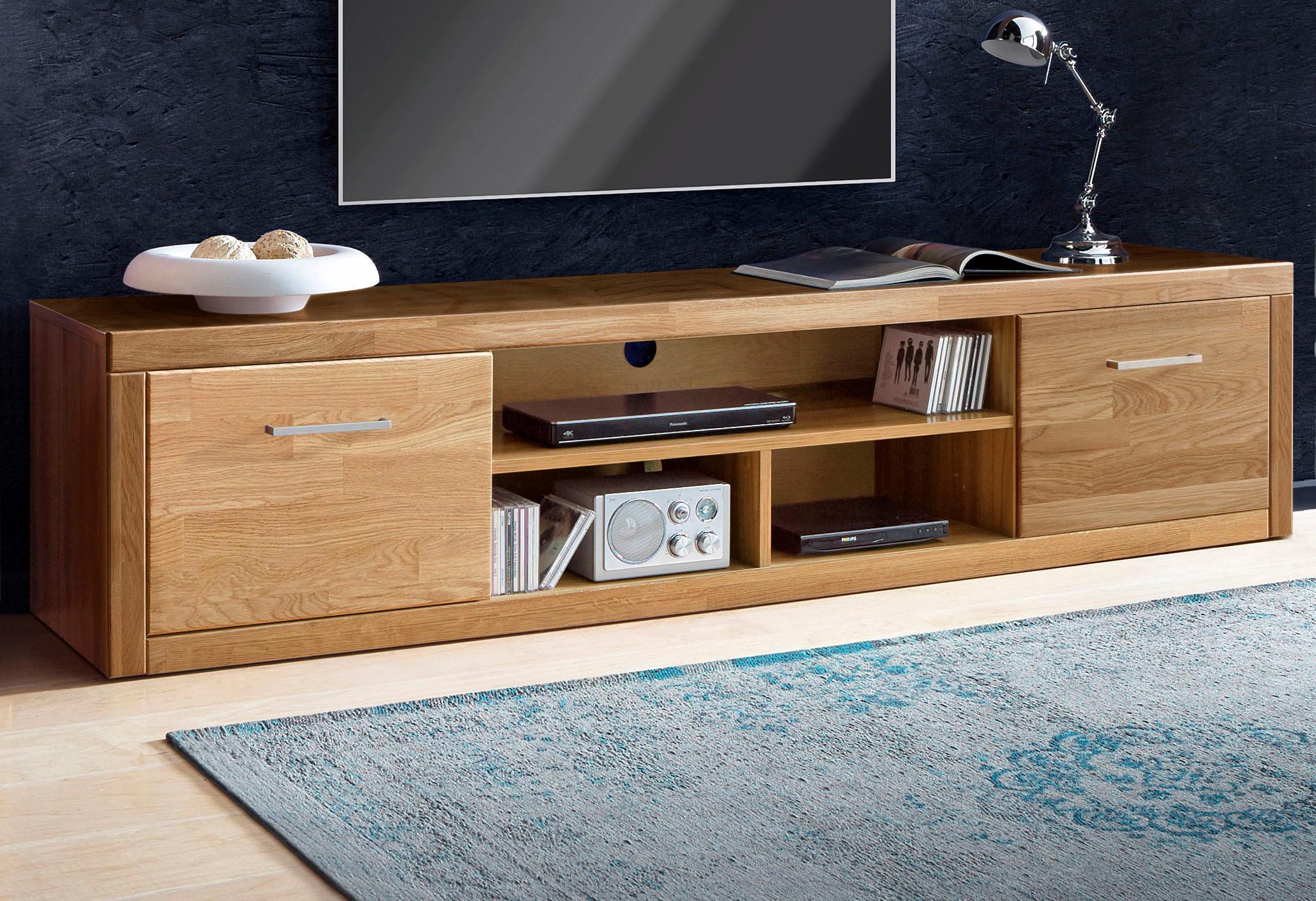 Lowboard HOME AFFAIRE "Logo,200cm breit,42 cm tief, Fronten Massivholz, Kabeldurchführung", braun (eiche teilmassiv), B:200cm H:45cm T:42cm, Holz teilmassiv, Sideboards, Korpus Holzwerkstoff,2 Klappen, 5 Fächer, Metallgriffe