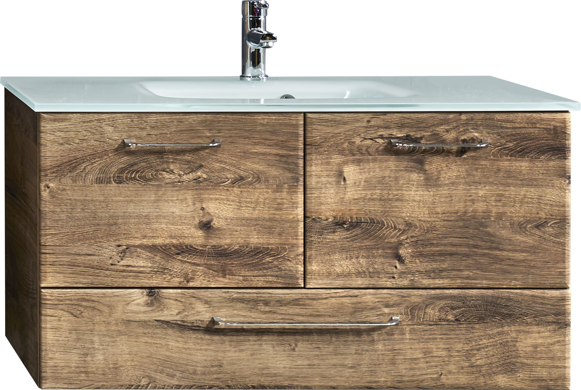 Waschtisch SAPHIR "Quickset Glaswaschtisch mit Unterschrank, 99 cm breit, Waschplatz", braun (eiche ribbeck, eiche ribbeck, eiche ribbeck), B:99cm H:52,5cm T:44,5cm, Glas, Spanplatte, Waschtische, Griffe in Chrom Glanz, inkl. Türdämpfer, 2 Türen, 1...