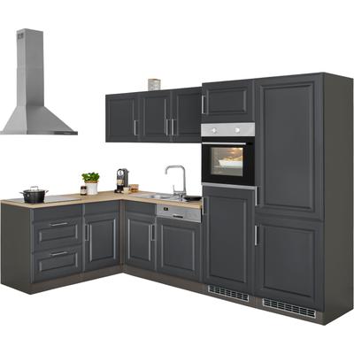 Winkelküche KOCHSTATION "KS-Stockholm", grau (front: grau, korpus: grafit, arbeitsplatte: eichefarben), B:290cm T:170cm, Komplettküchen-Sets, L-Küche, Stellbreite 290/170 cm, mit hochwertigen MDF Fronten im Landhaus-Stil Image