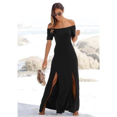 Maxikleid LASCANA, Damen, Gr. 42, N-Gr, schwarz, Jersey, Obermaterial: 95% Polyester, 5% Elasthan, modisch, figurumspielend bodenlang, Carmenausschnitt, Kurzarm, Kleider, mit langen Beinschlitzen und Carmenausschnitt, schulterfrei, Basic Image