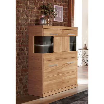 Highboard HOME AFFAIRE "Ribe,85cm breit,115cm hoch, Fronten Massivholz,4 breite Fächer", braun (eiche teilmassiv), B:85cm H:115cm T:35cm, Holz teilmassiv, Sideboards, Korpus Holzwerkstoff,2Türen mit Glaseinsatz, Böden versetzbar Image