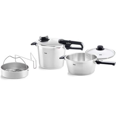 Schnellkochtopf FISSLER "Fissler Vitavit premium Schnellkochtopf-Set, 5-teilig", silber (silberfarben), Ø:22cm, Töpfe, Verriegelungsanzeige, Einstellbares Abdampfen, Einstellbare Kochstufen