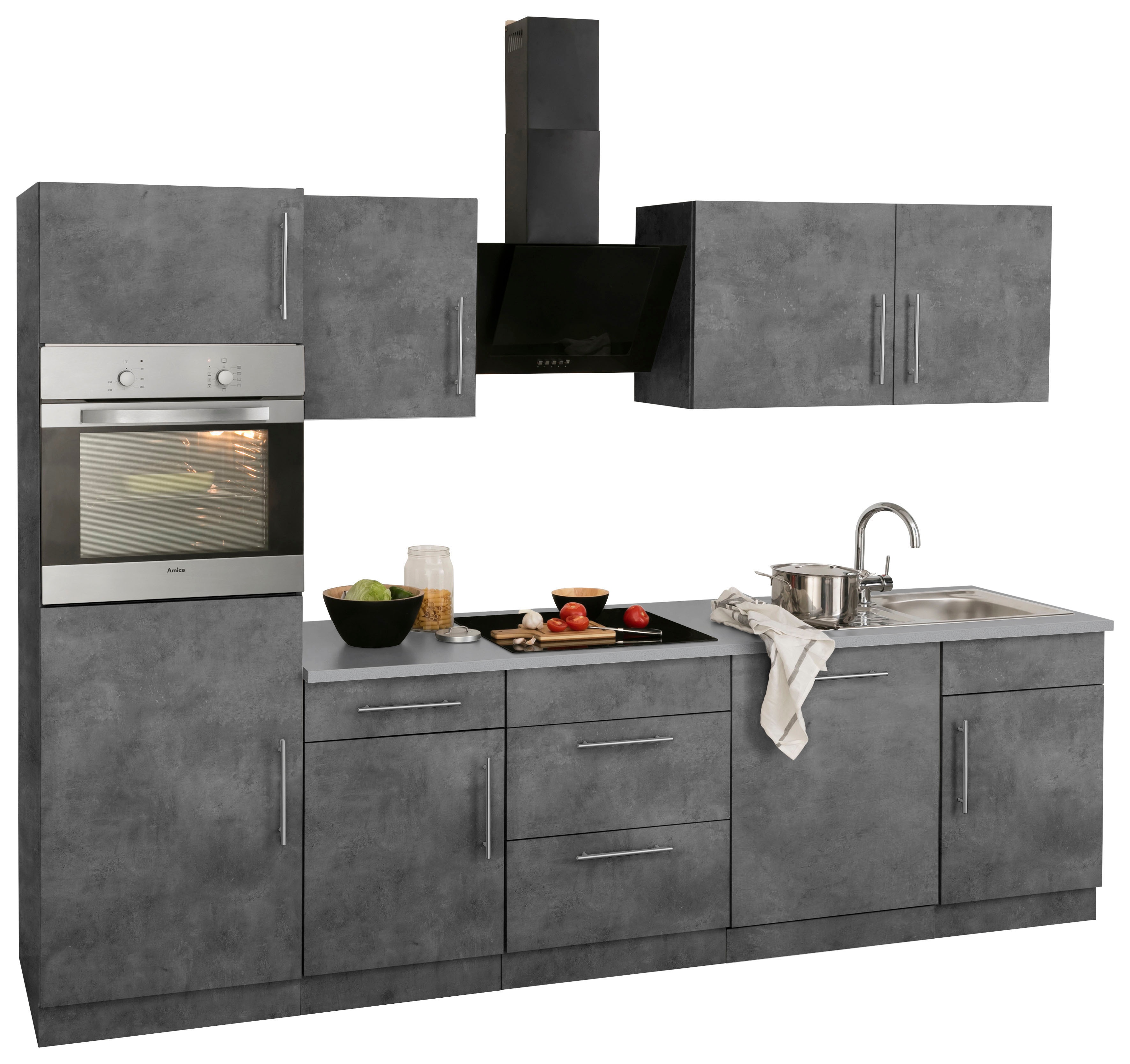 Küchenzeile WIHO KÜCHEN "Cali", grau (küche: grau, korpus: betonfarben, arbeitsplatte: canvas grau), B:280cm T:60cm, Komplettküchen-Sets, ohne E-Geräte, Breite 280 cm Image