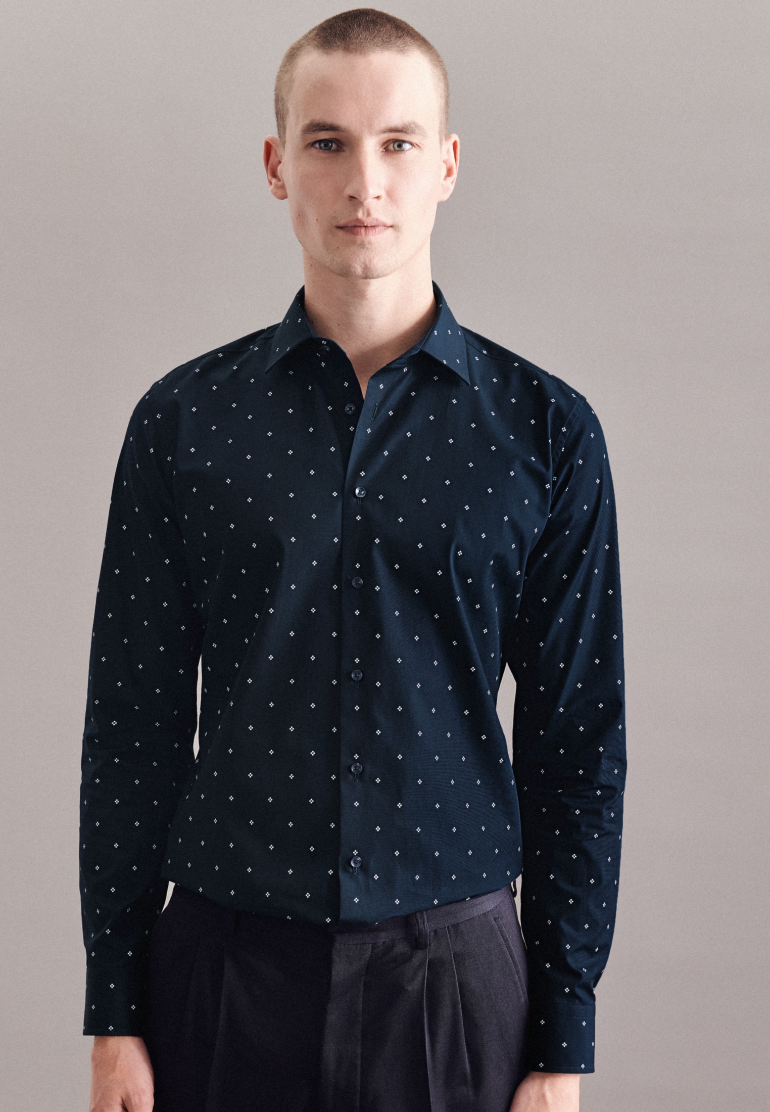 Businesshemd SEIDENSTICKER "X-Slim", Herren, Gr. L (41), normale Ärmellängen, blau (dunkelblau), 100% Baumwolle, bedruckt, skinny fit, 2-Knopf-Manschette, Hemden, X-Slim Langarm Kentkragen Druck Image