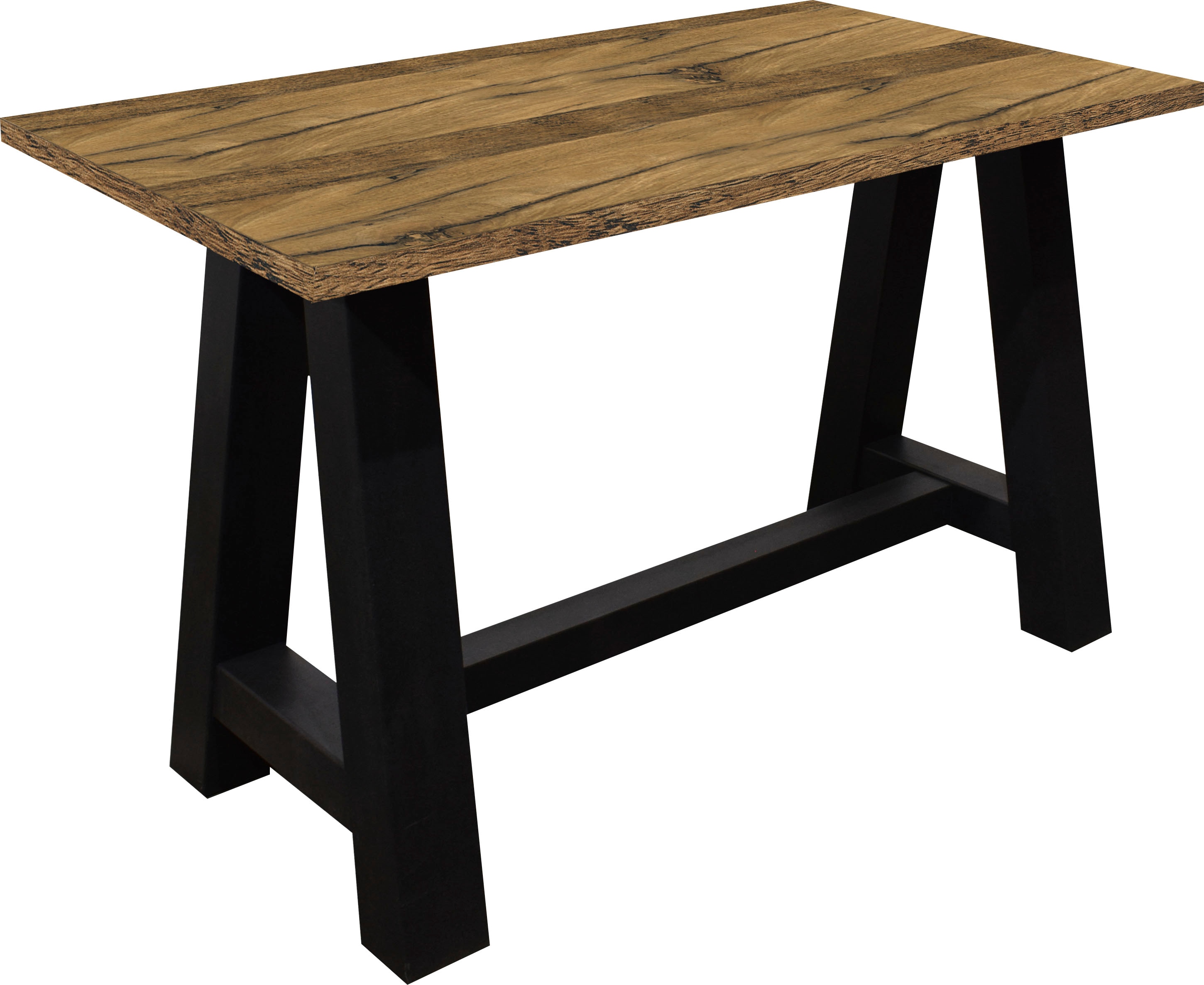 Bartisch MÄUSBACHER, schwarz (schwarzstahl, plankeneichefarben, schwarzstahl), B:140cm H:105cm T:70cm, Tische, Bartisch, Gestell in A-Form (Breite 120, 140 oder 160 cm)