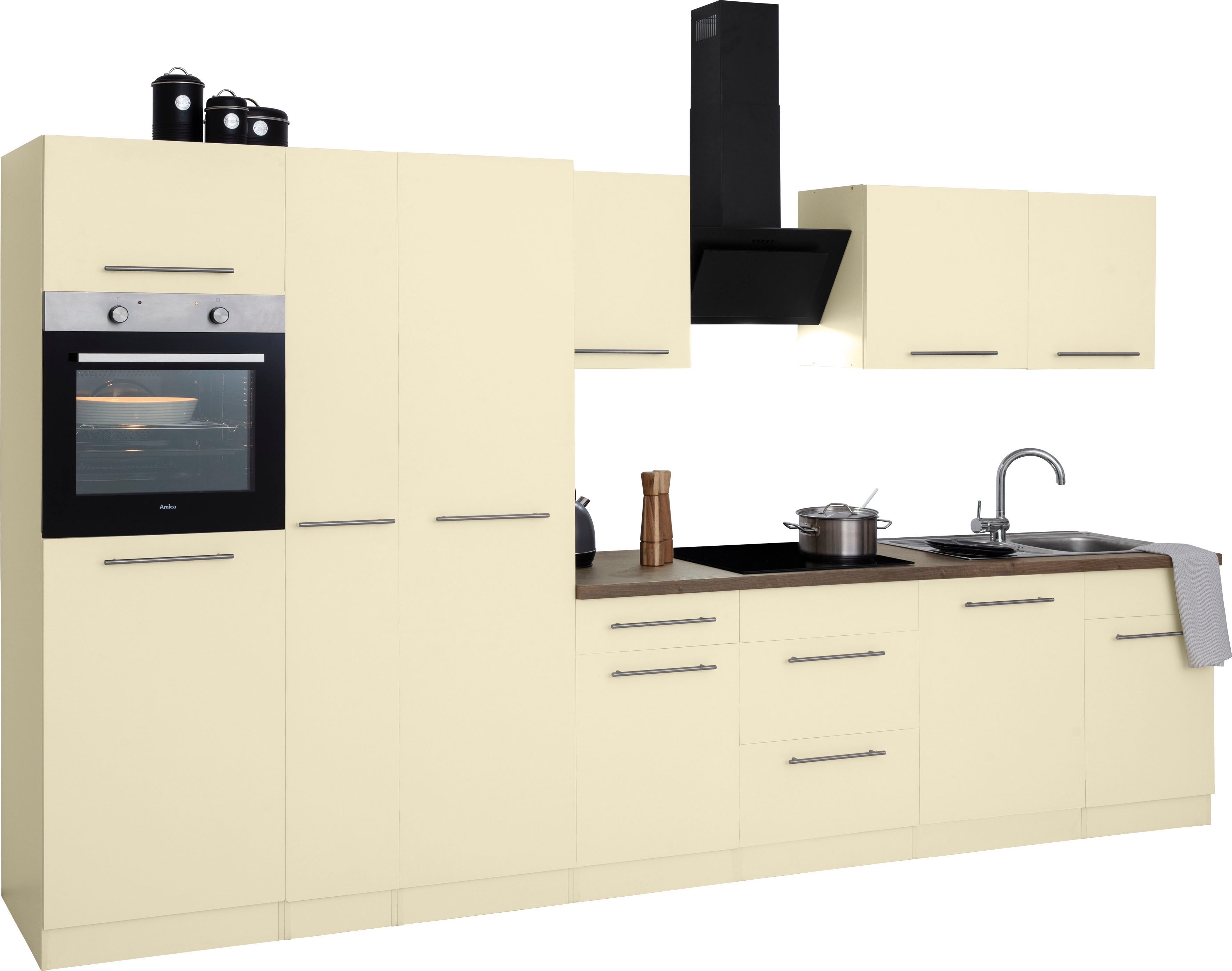 Küchenzeile WIHO KÜCHEN "Unna", gelb (küche: gelb, korpus: magnoliafarben, arbeitsplatte: eiche tabak nachbildung), B:360cm T:60cm, Komplettküchen-Sets, Küchenzeile, ohne E-Geräte, Breite 360 cm Image