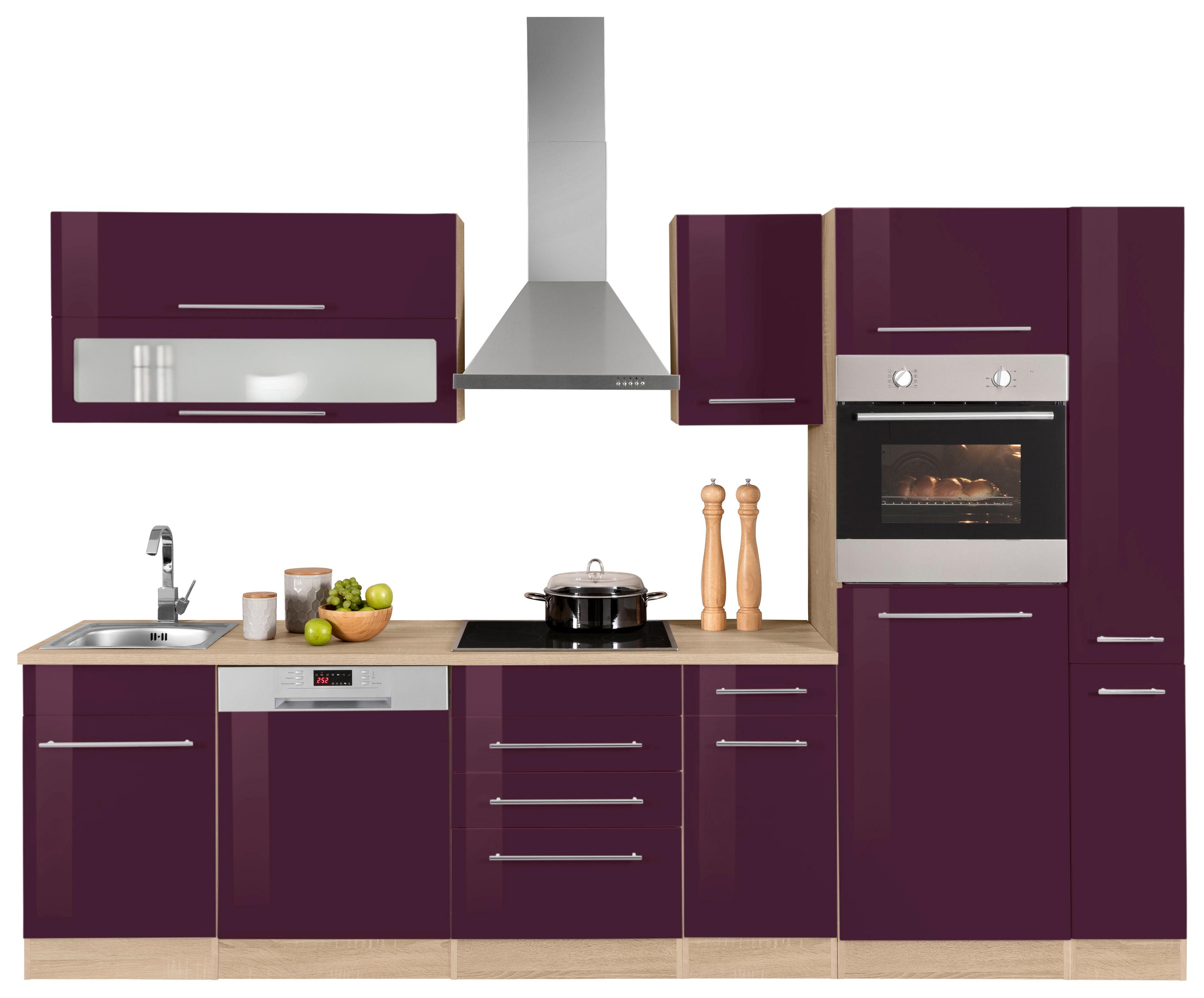 Küchenzeile KOCHSTATION "KS-Eton", lila (küche: lila, korpus: eichefarben, arbeitsplatte: eichefarben), B:300cm T:60cm, Komplettküchen-Sets, ohne E-Geräte, Breite 300 cm Image