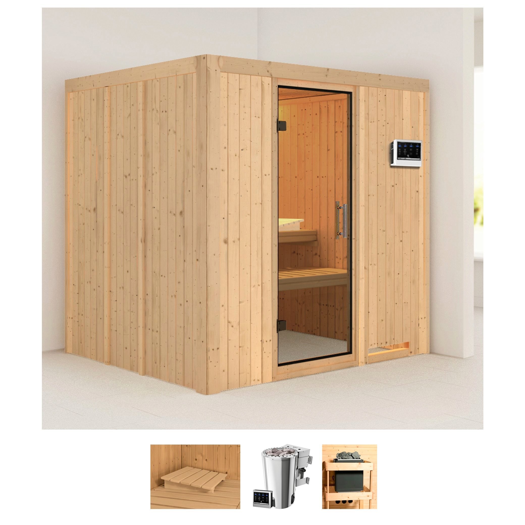 Sauna KARIBU "Dima", beige (naturbelassen), Bio-Kombiofen, externe Steuerung, 3,6 kW, Saunen, 3,6-kW-Bio-Plug & Play Ofen mit externer Steuerung Image