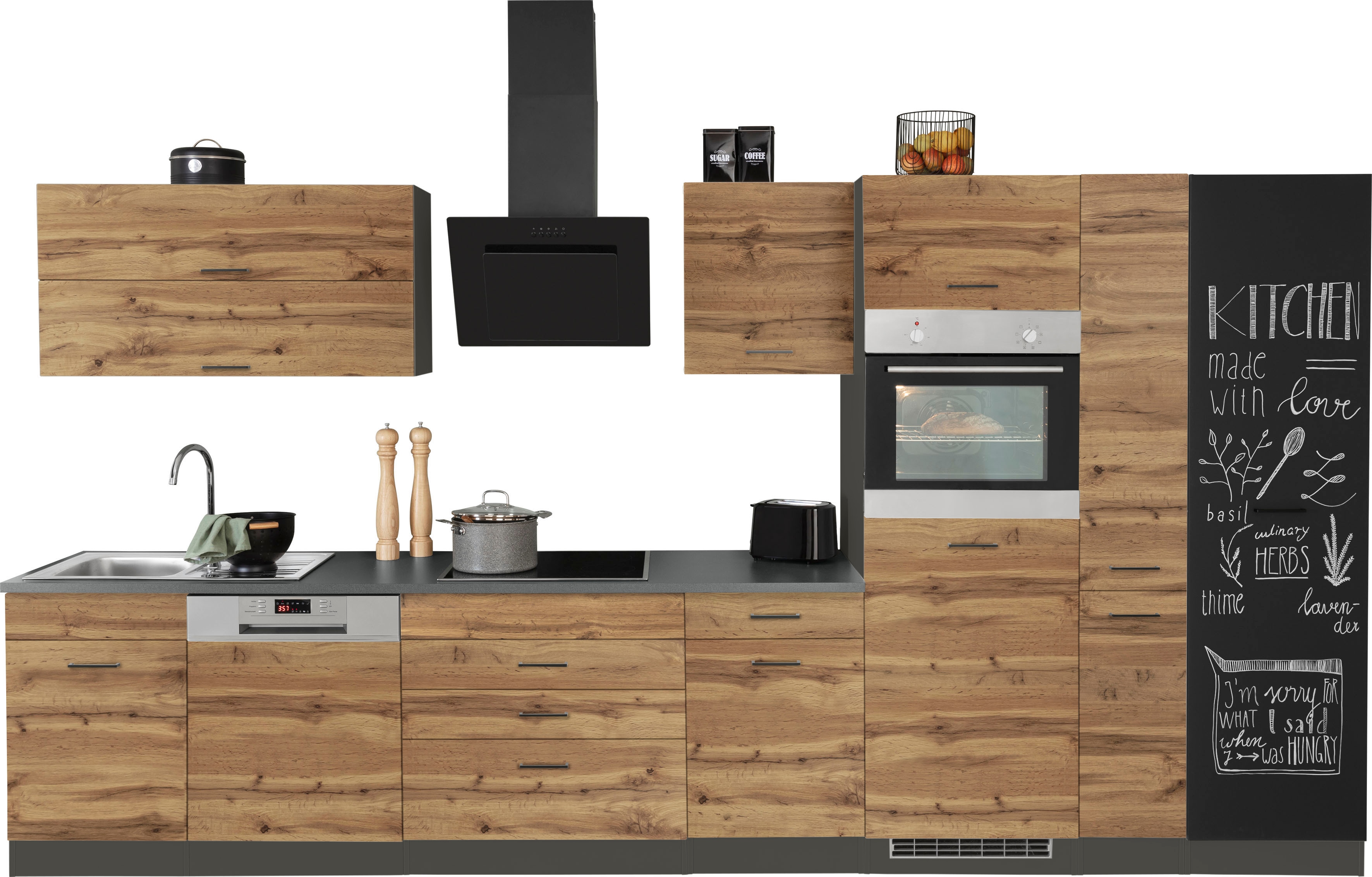 Küchenzeile KOCHSTATION "KS-Trier", grau (küche: grau, korpus: grafit, arbeitsplatte: anthrazit), B:380cm T:60cm, Komplettküchen-Sets, Küchenzeile, ohne E-Geräte, Breite 380 cm