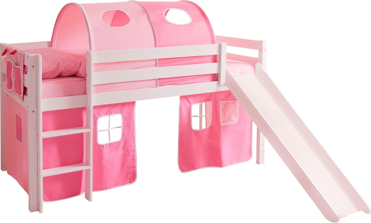 Hochbett TICAA "Manuel", rosa (kiefer massiv weiß, rosa, pink), B:217cm H:114cm L:205cm, Hochbetten, Hochbett, mit Rollrost in verschied. Ausführungen wahlweise mit Matratze, weiß