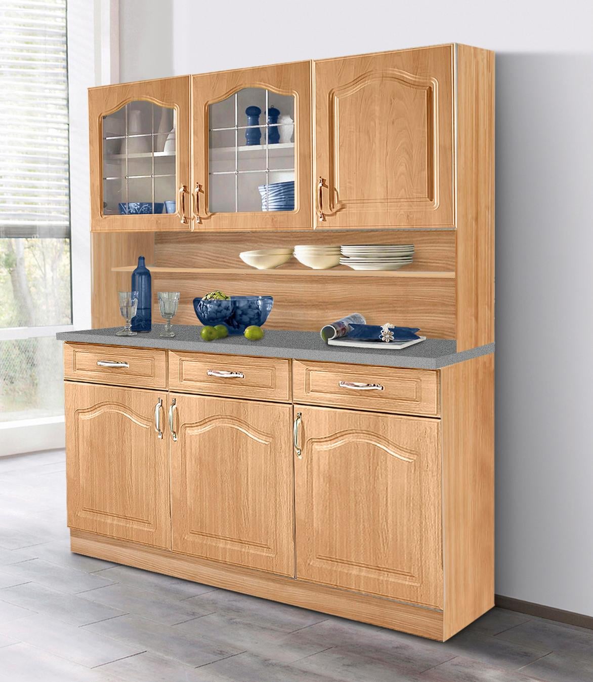 Küchenbuffet WIHO KÜCHEN "Linz", braun (front: landhaus buche, korpus: buche deko, arbeitsplatte: granit grau), B:150cm H:180cm T:50cm, Schränke, 150 cm breit, in Landhaus-Optik