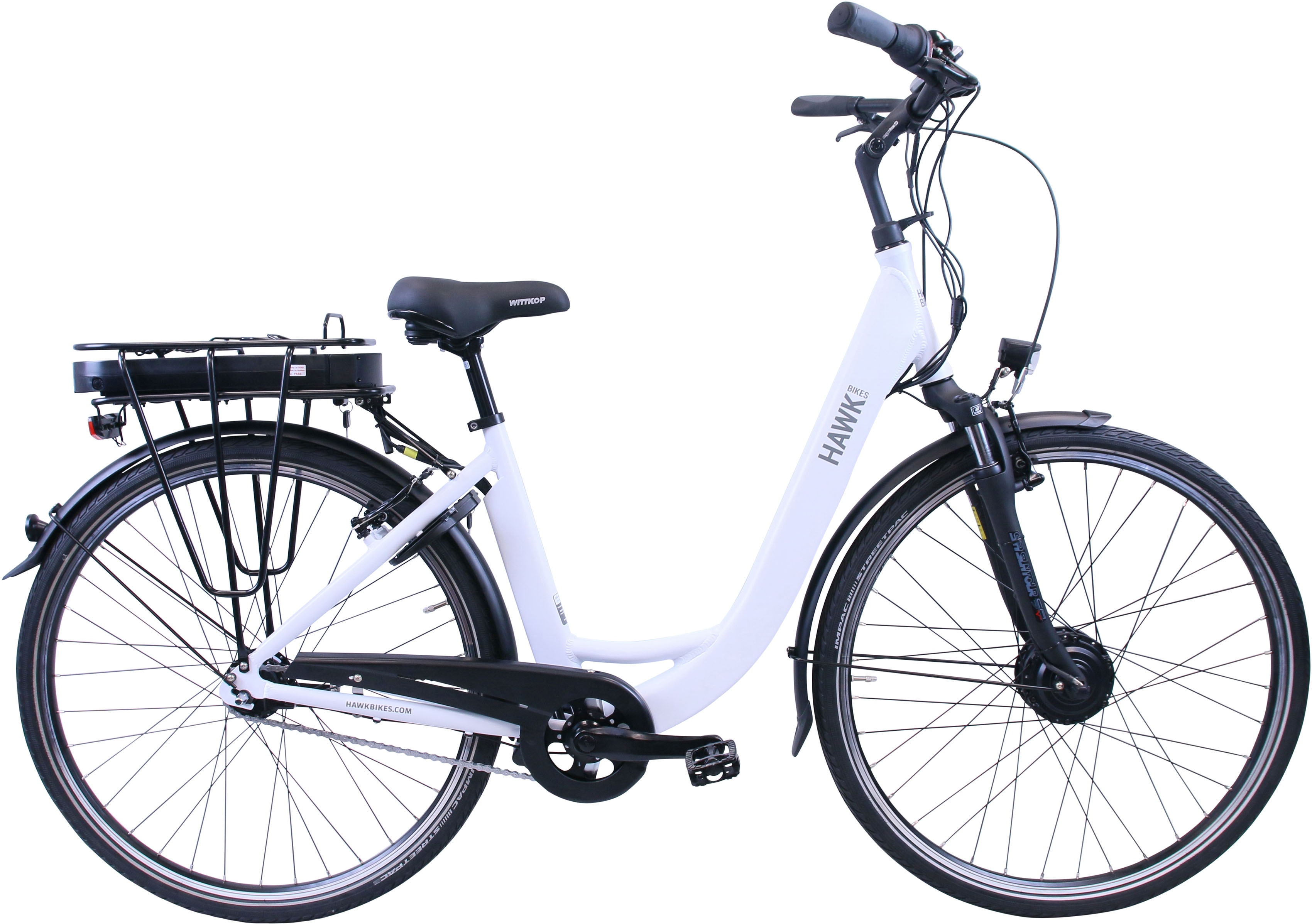 E-Bike HAWK BIKES "eCity Wave" Gr. 46, weiß, Elektrofahrräder, 46cm, 28 Zoll (71,12cm), Pedelec, Elektrofahrrad für Damen u. Herren Image