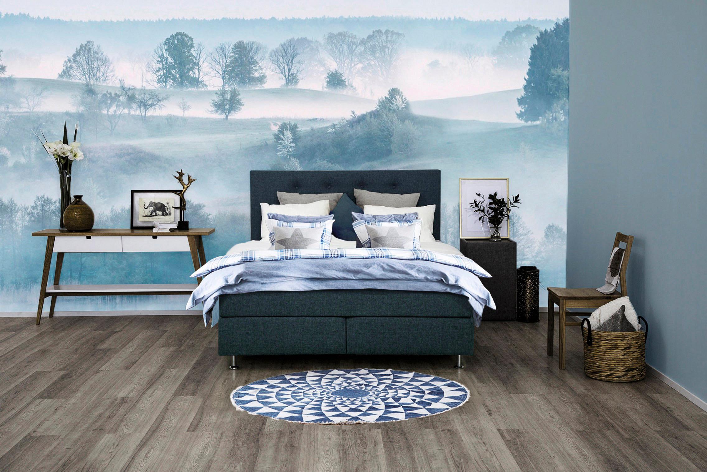 Boxspringbett PLACES OF STYLE "Nordica", blau (dunkelblau), B:100cm L:208cm, Struktur (100% Polyester), Komplettbetten, Boxspringbett, inkl. Topper, auch in Überlänge 200/220 cm Image