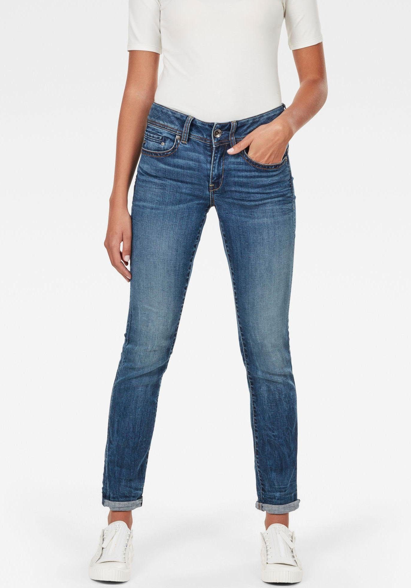 Straight-Jeans G-STAR "Midge Straight Women", Damen, Gr. 33, Länge 32, blau (medium indigo aged, elto superstretch), Denim/Jeans, Obermaterial: 91% Baumwolle, 7% Elastomultiester, 2% Elasthan, gerade lang, Jeans Straight-Jeans, mit Used-Effekten