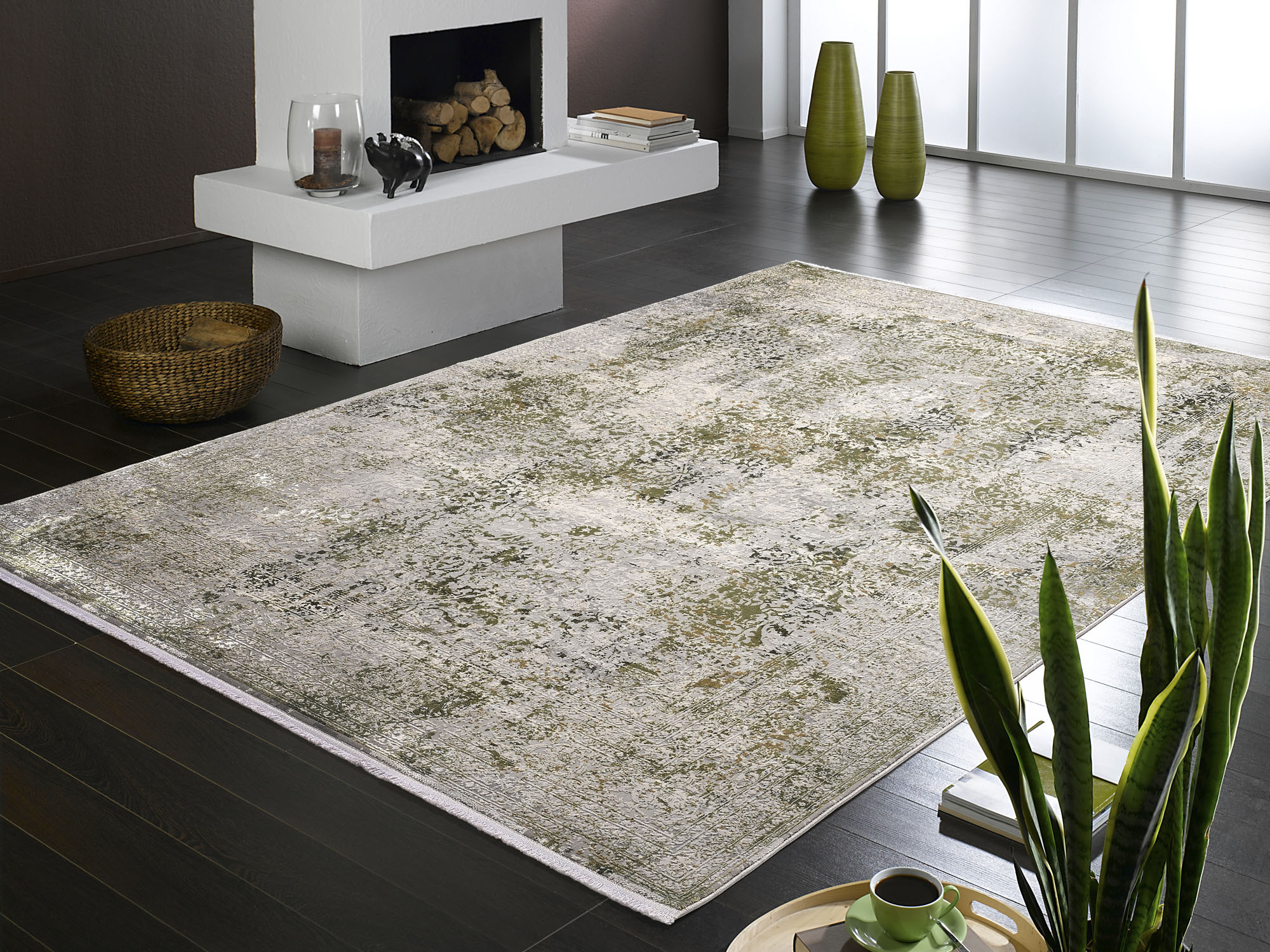 Teppich OCI DIE TEPPICHMARKE "BESTSELLER CAVA", grün (grün, grau), B:160cm H:8mm L:230cm, Kunstfaser, Viskose, Teppiche, Teppich, Glanz Viskose, mit Fransen, Hoch Tief Struktur, Vintage, Wohnzimmer