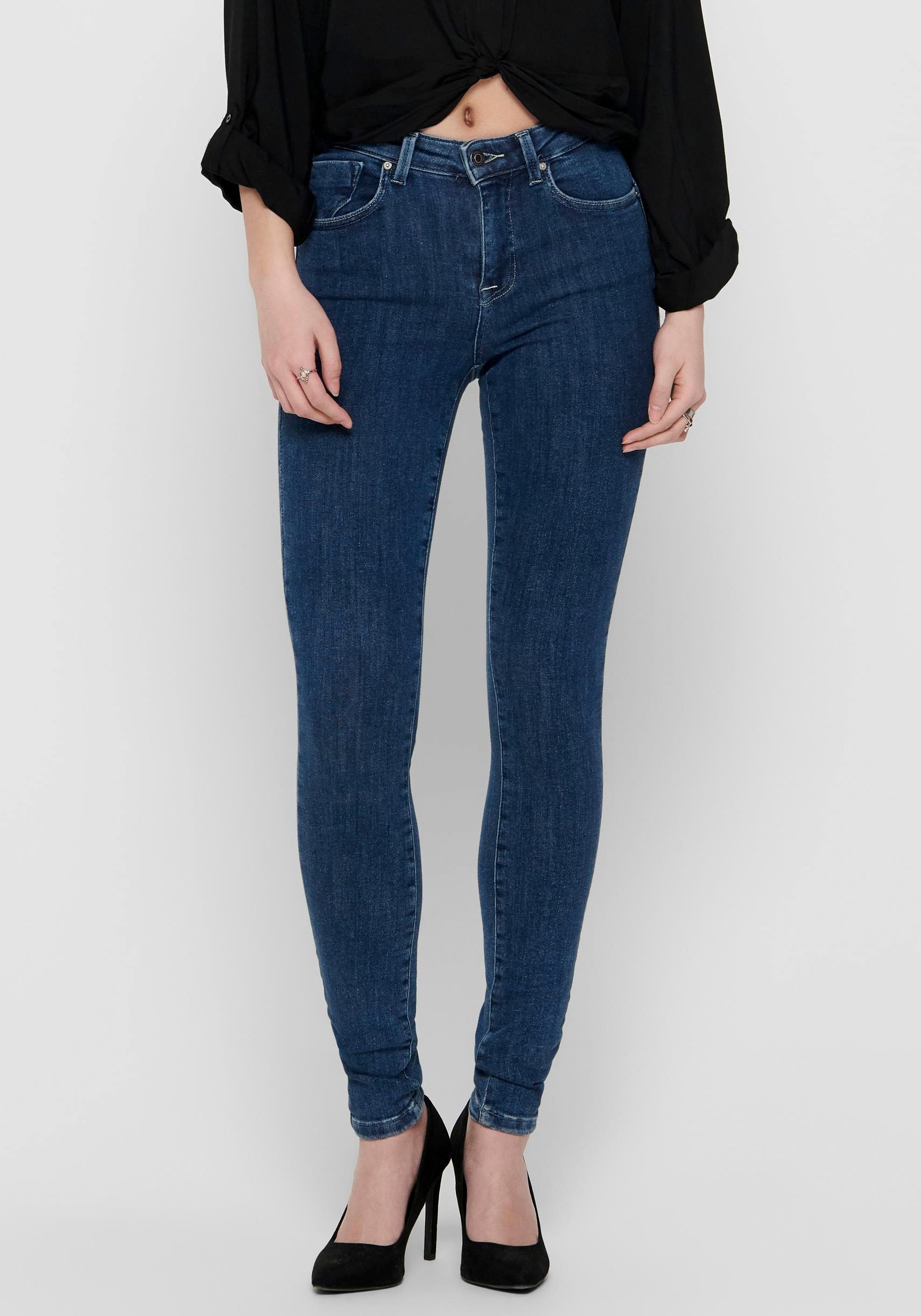 Skinny-fit-Jeans ONLY "ONLPOWER LIFE MID PUSH UP", Damen, Gr. XS (34), Länge 32, blau (dunkelblau denim), Denim/Jeans, Obermaterial: 92% Baumwolle, 6% Polyester, 2% Elasthan, Abriebeffekte, Jeans 5-Pocket-Jeans Image