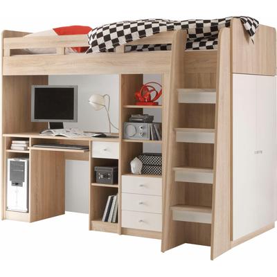 Hochbett BEGABINO "Unit", weiß (struktureichefarben hell), B:112cm H:160cm L:204cm, Hochbetten, mit Kleiderschrank, Schreibtisch und Schubladen