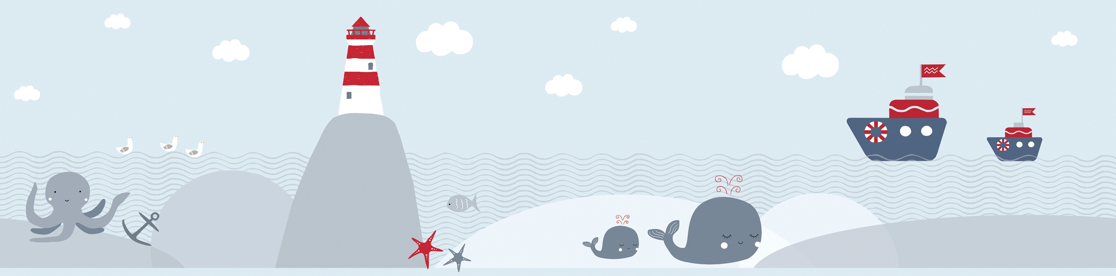 Bordüre A.S. CRÉATION "Lighthouse Family", bunt (grau hellblau rot), B:0,16m L:5m, Papier, Tapeten, Tapete Kinder Bordüre Boote Borte Wohnzimmer modern Design Wandtapete