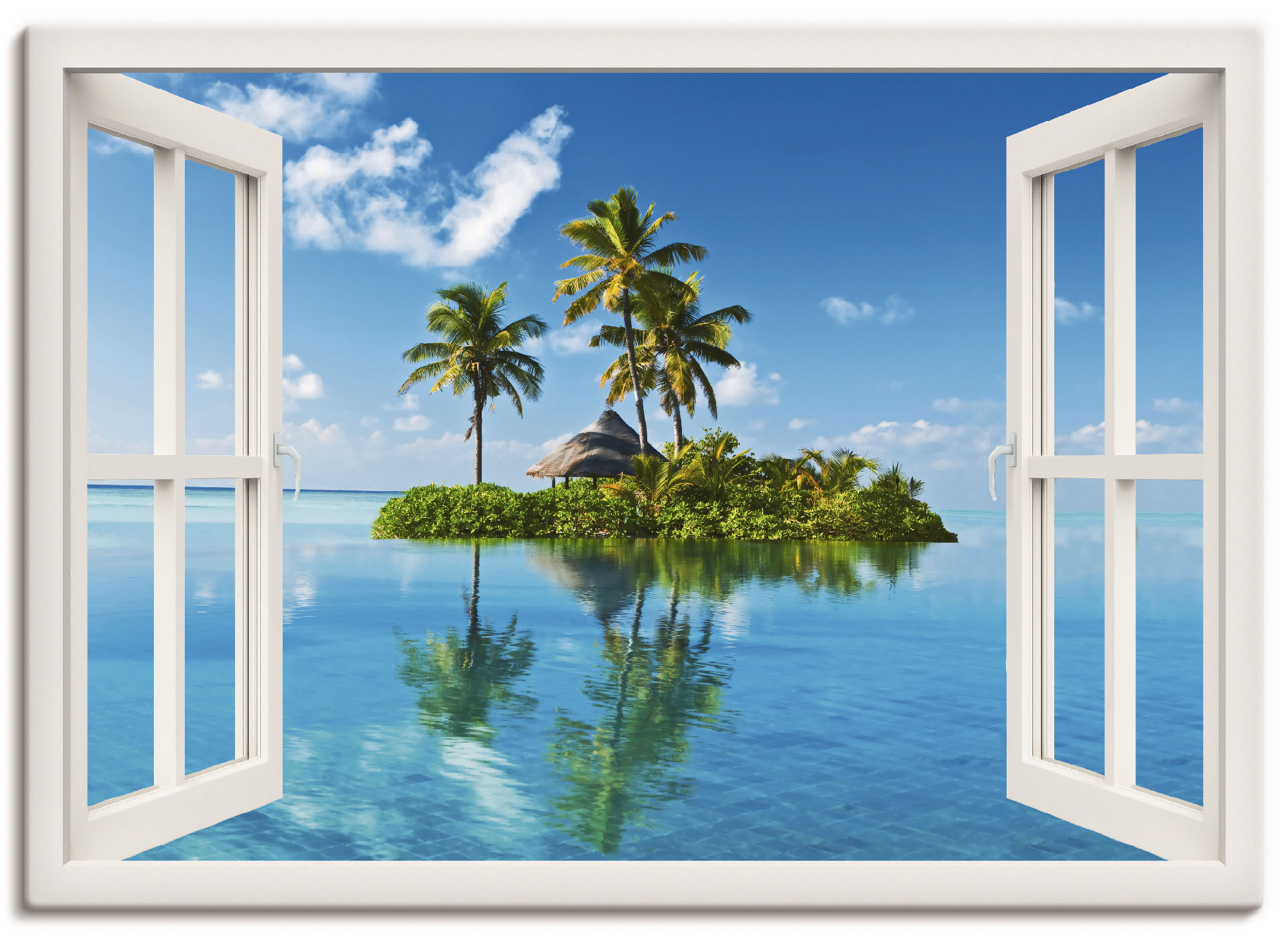 Wandbild ARTLAND "Fensterblick Insel Palmen Meer", weiß (farbe bild(er): weiß), B:130cm H:90cm, Canvas, Leinwand, Bilder, als Leinwandbild, Poster, Wandaufkleber in verschied. Größen Image