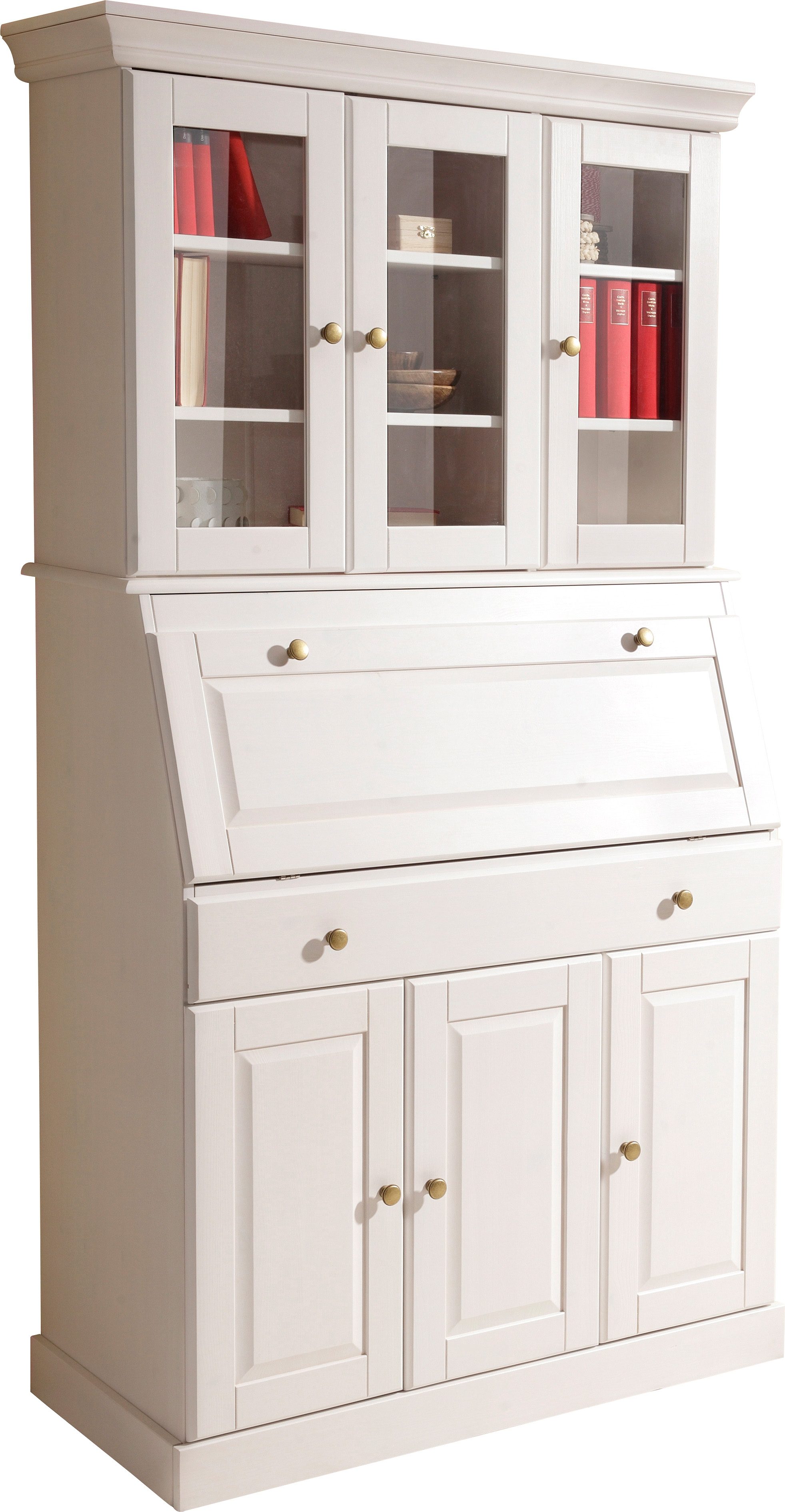 Sekretär HOME AFFAIRE "Rosi im Landhausstil", weiß, B:100cm H:180cm T:42,5cm, Sekretäre, Schreibtisch aus Massivholz, mit Vitrine, in 2 Breiten, Topseller