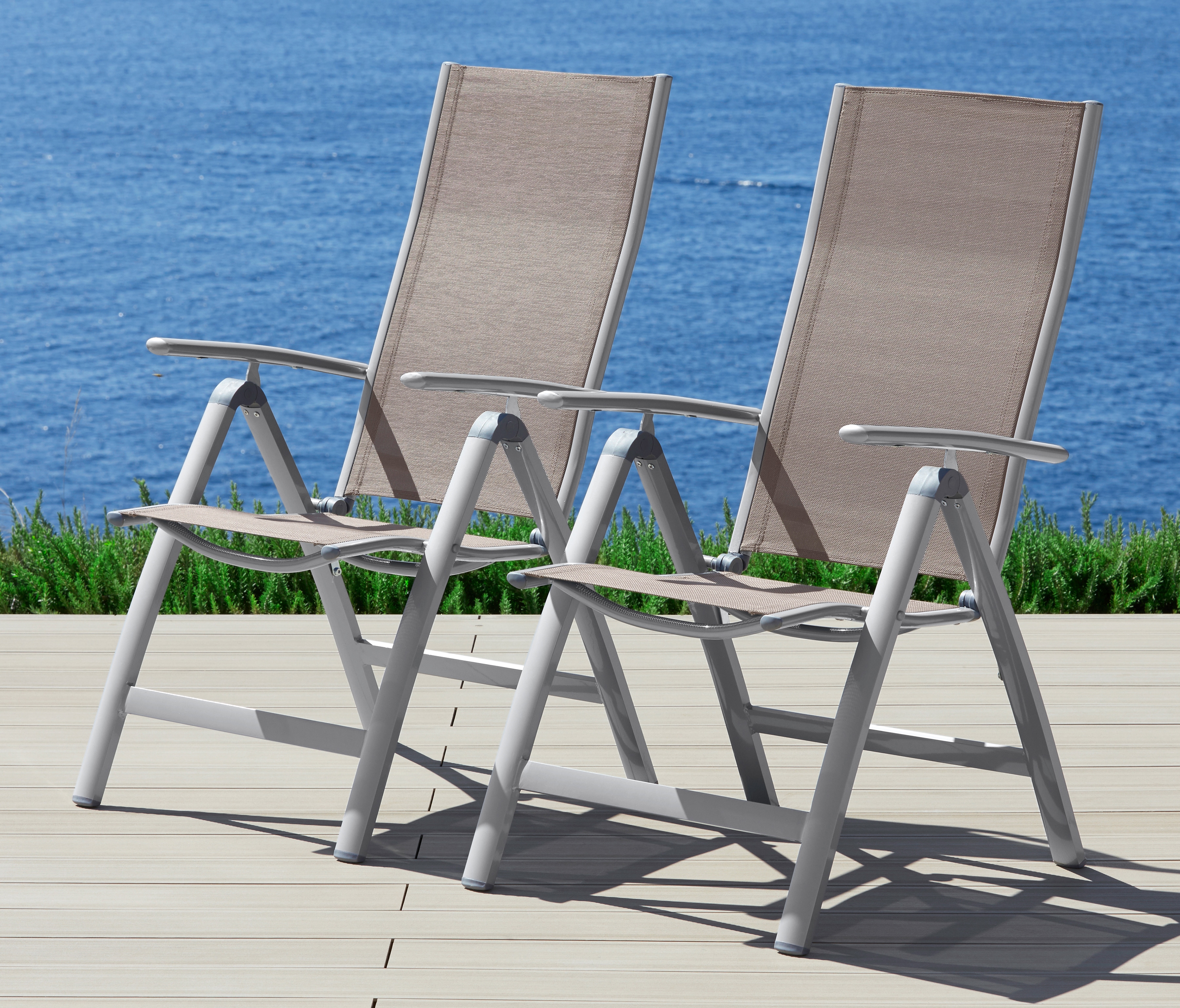 Gartenstuhl MERXX "Amalfi", grau (taupe), B:60cm H:108cm T:70cm, Obermaterial: 100% Polyester, Stühle, 2er Set, Alu/Textil, verstellbar