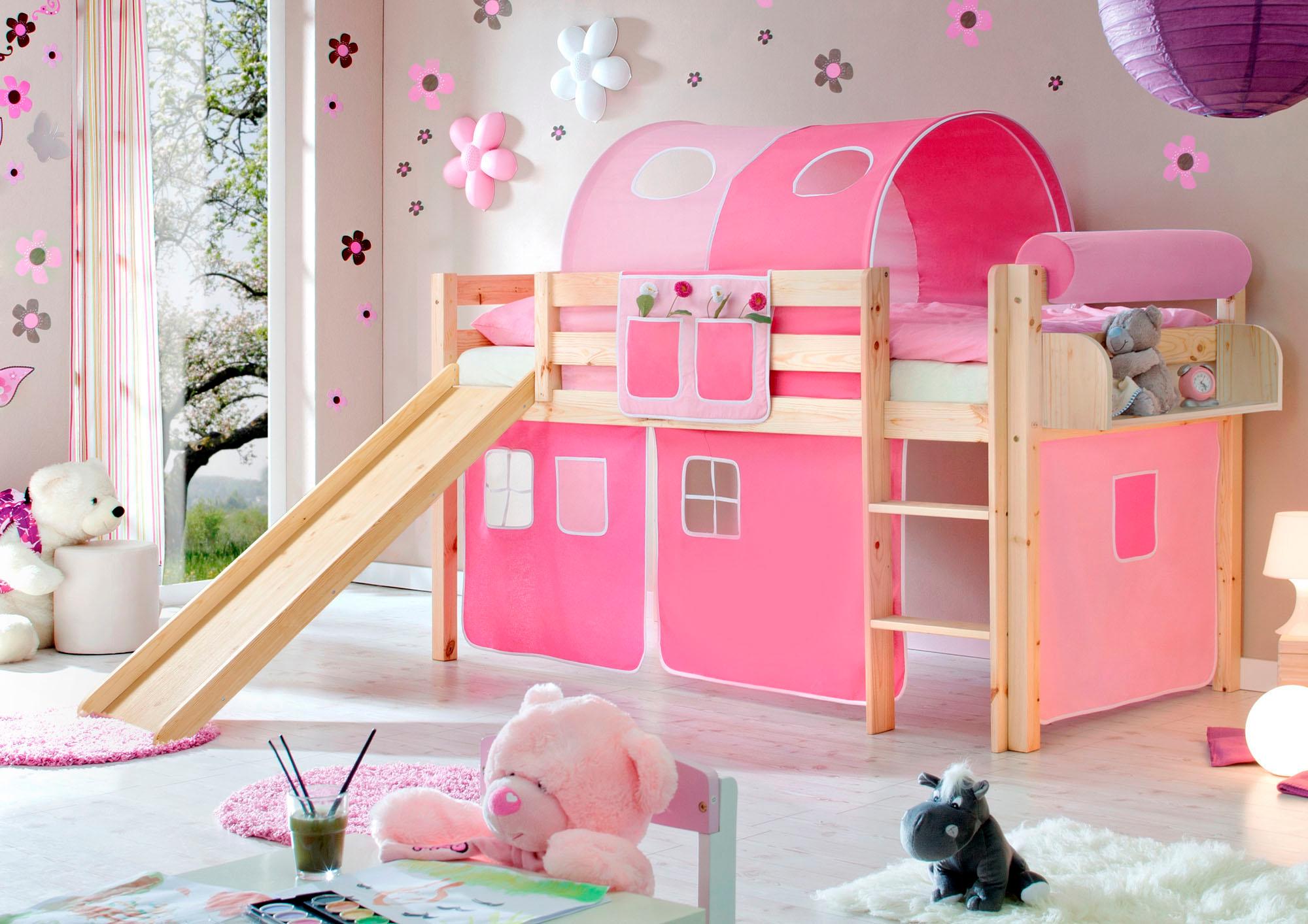 Hochbett TICAA "Manuel", rosa (kiefer massiv natur, rosa, pink), B:217cm H:114cm L:205cm, Hochbetten, Hochbett, Rollrost und Textil-Set wahlweise mit Matratze, Kiefer massiv natur