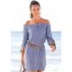 Blusenkleid LASCANA Gr. 36, N-Gr, blau (blau, weiß) Damen Kleider Strandkleider mit Streifendruck und Carmenausschnitt, Sommerkleid, Strandkleid