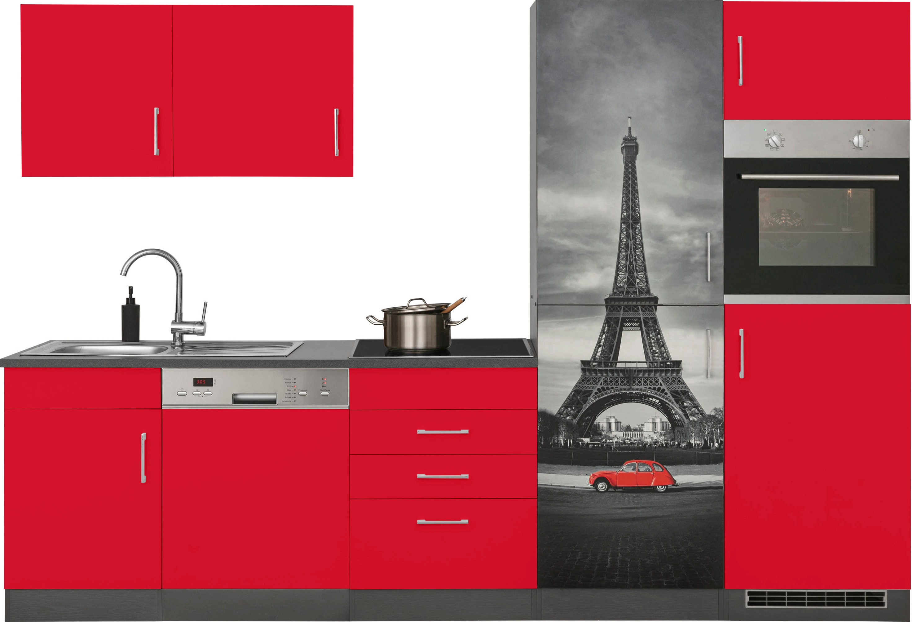 Küchenzeile KOCHSTATION "KS-Paris", rot (küche: rot, korpus: grafit, arbeitsplatte: anthrazit), B:290cm T:60cm, Komplettküchen-Sets, ohne E-Geräte, Breite 290 cm Image