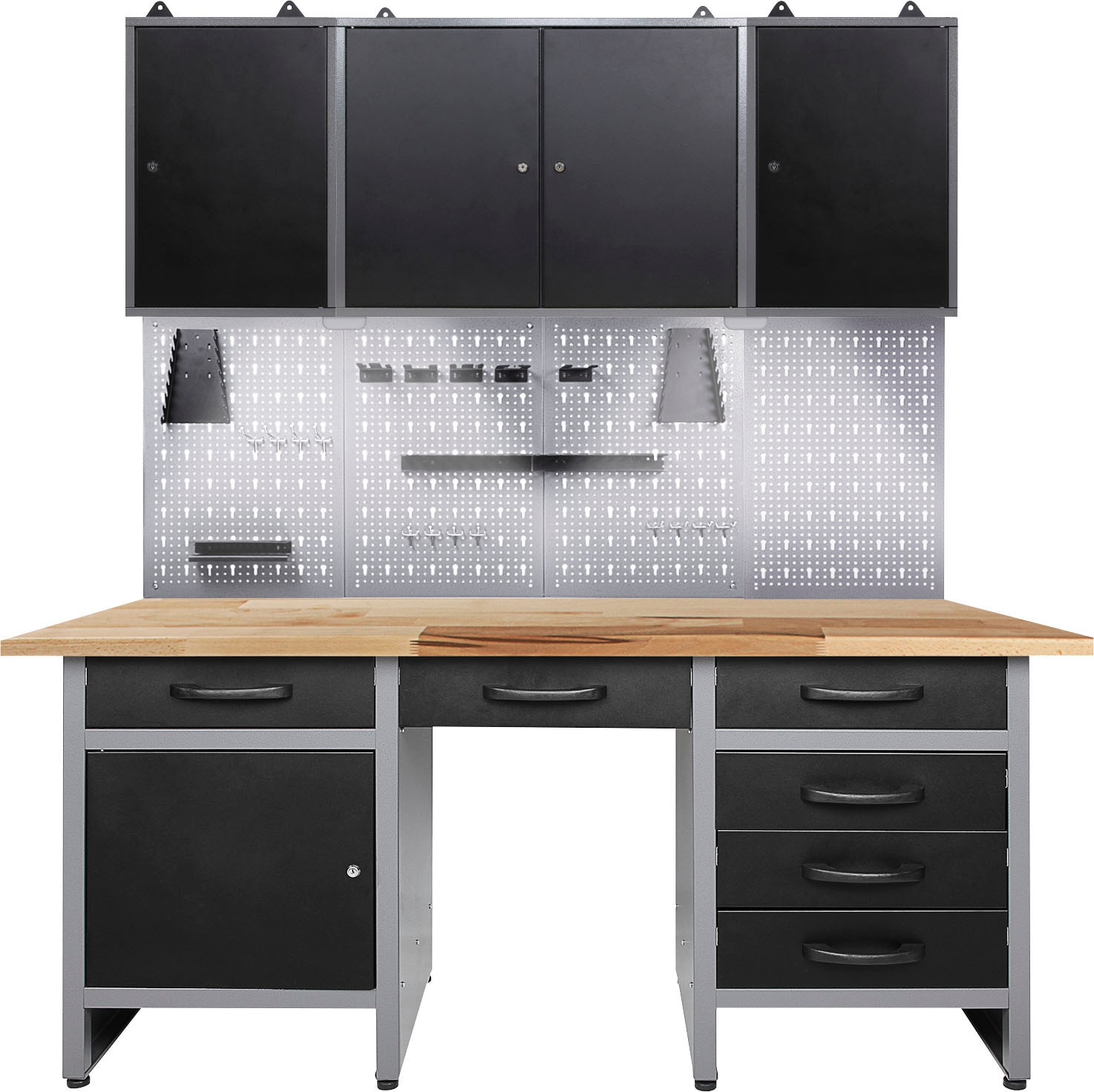 Werkstatt-Set ONDIS24, schwarz (anthrazit, schwarz, grau), B:160cm H:205cm T:60cm, Metall, Werkbänke, 160 cm, mit LED