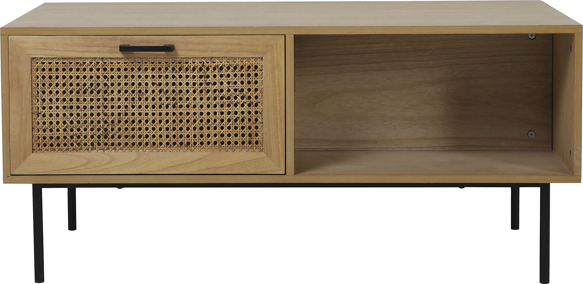 Couchtisch INOSIGN "Ailis", schwarz (natur, schwarz, schwarz, natur), B:110cm H:50cm T:59cm, MDF mit Paulownia-Furnier, Front Rattan, Beine pulverbeschichtetes Metall, Tische, Couchtisch Eckige Couchtische Holz-Couchtische, Je 1 Schublade, 1 offenes...