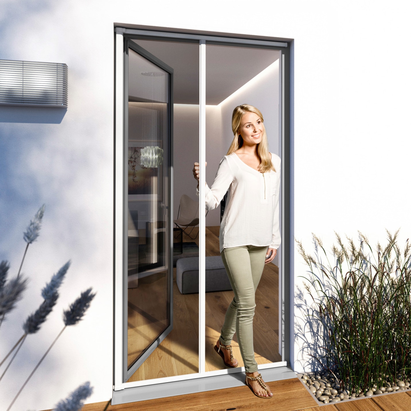 Insektenschutz-Tür WINDHAGER "Rollotür PLUS", weiß (rahmen: weiß gewebe: anthrazit), B:225cm H:160cm, Insektenschutzgitter, BxH: 225x160 cm