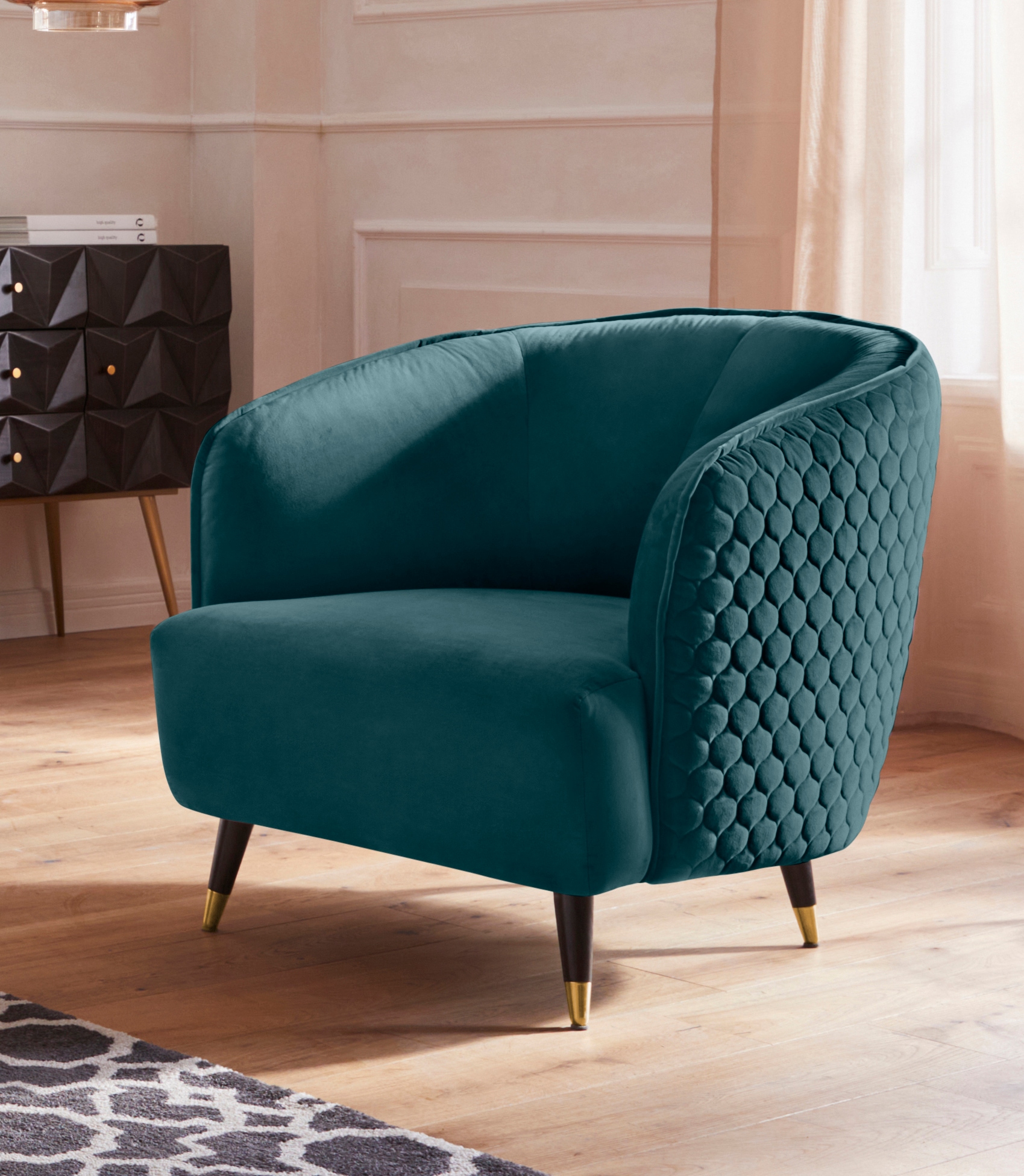 Sessel HOME AFFAIRE "Oradea Cocktailsessel", blau (petrol), B:85cm H:78cm T:87cm, Samtoptik (100% Polyester), Sessel, Lounge-Sessel Einzelsessel, mit eleganter Steppung auf Rückseite der Rückenlehne