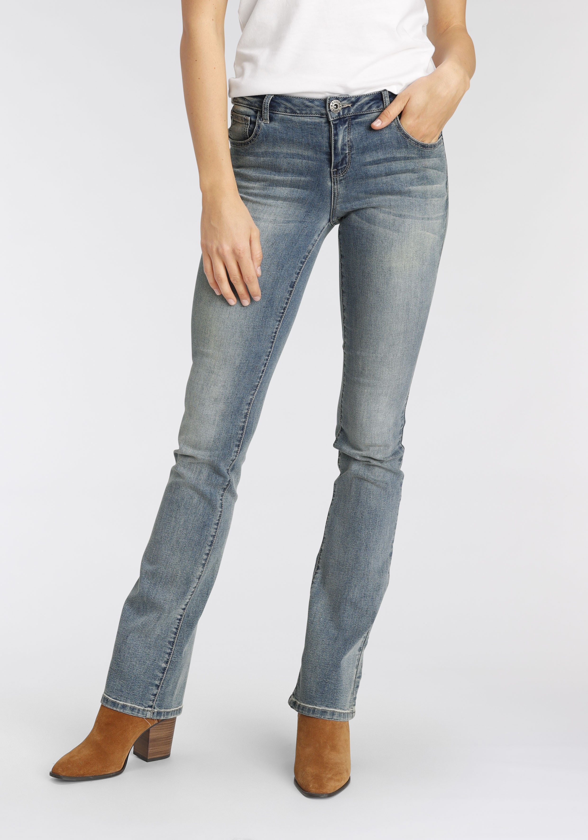 Bootcut-Jeans ARIZONA "Ultra-Stretch", Damen, Gr. 23, K + L Gr, blau (blau used), Denim/Jeans, Obermaterial: 74% Baumwolle, 24% Polyester, 2% Elasthan, Basic, extraeng lang, Jeans, normale Passform, Baby-Bootcut, Used-Look-Waschung