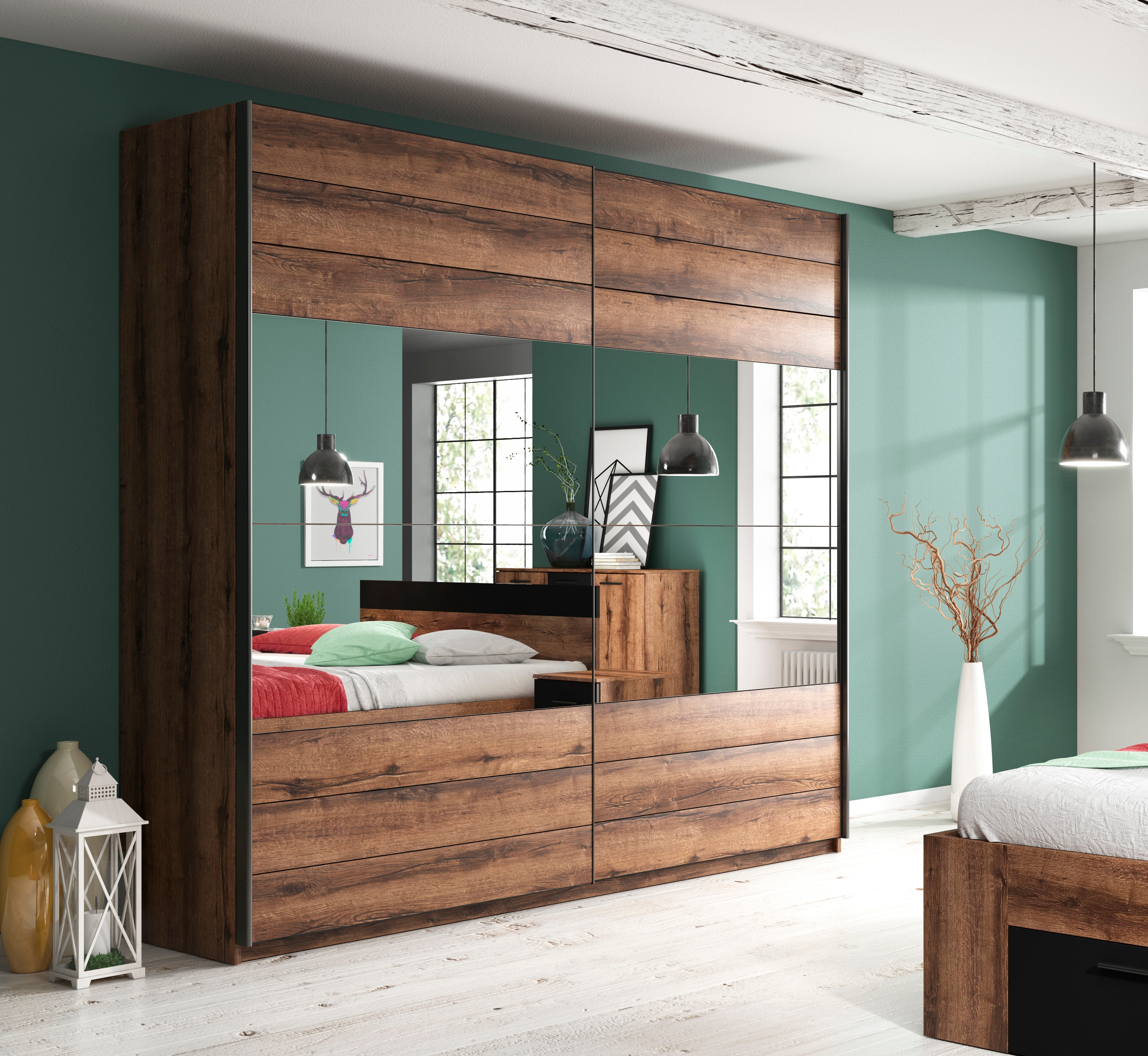 Schwebetürenschrank HOME AFFAIRE "Beta Schiebetürenschrank Kleiderschrank Wäscheschrank", braun (monastery eiche), B:200cm H:210cm T:61cm, FSC-zertifizierter Holzwerkstoff, Schränke, Schwebetürenschrank, mit Spiegel, INKLUSIVE kompletter...