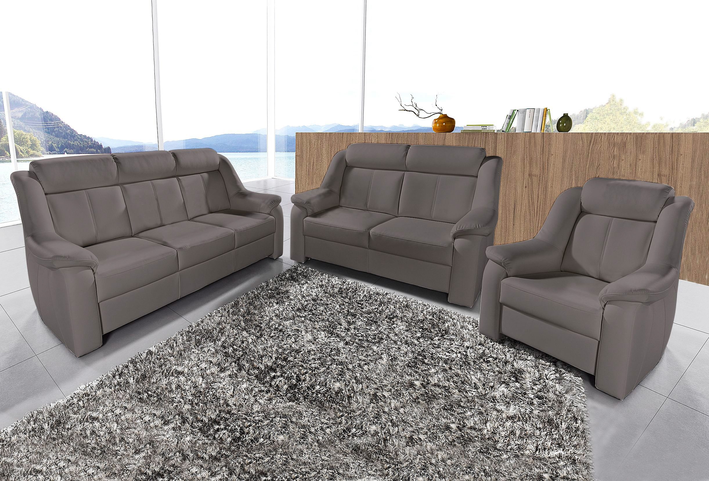 Polstergarnitur SIT & MORE "Basel", grau (grau,), Kunstleder NaturLEDER, Sitzmöbel-Sets, Set, bestehend aus 3-Sitzer + 2-Sitzer + Sessel, Topseller