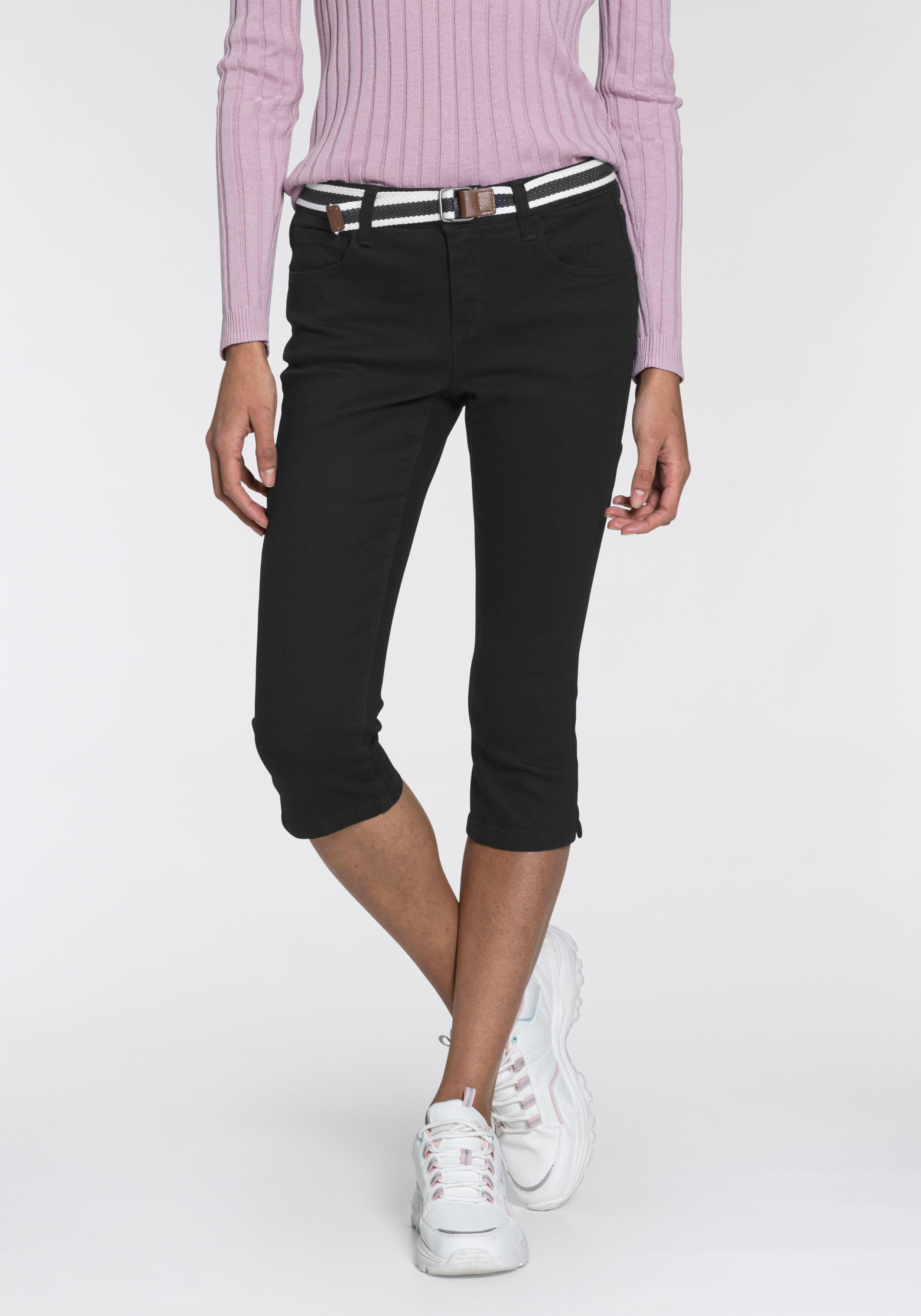 Caprijeans KANGAROOS "CAPRI-JEANS mit Gürtel", Damen, Gr. 34, N-Gr, schwarz (schwarz schwarz), Denim/Jeans, Obermaterial: 70% Baumwolle, 26% Polyester, 3% Viskose, 1% Elasthan, Basic, skinny fit 3/4-Länge, Jeans 5-Pocket-Jeans, Skinny Fit, mit... Image