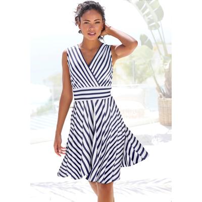 Sommerkleid LASCANA, Damen, Gr. 38, N-Gr, blau (marine, weiß, gestreift), Jersey, Obermaterial: 95% Polyester, 5% Elasthan, modisch, figurumspielend kniefrei, V-Ausschnitt, ohne Ärmel, Kleider, mit Streifenprint, Wickelkleid, tailliertes Minikleid,... Image